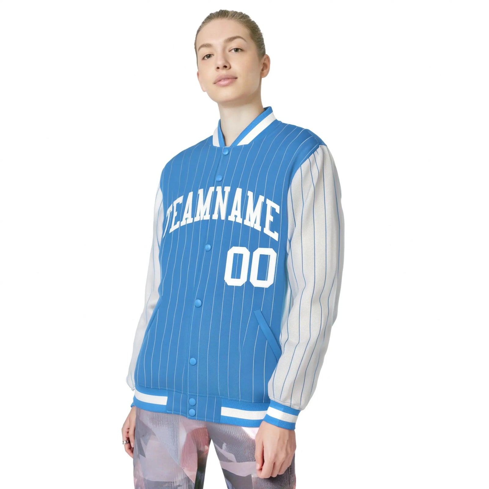 Custom Light Blue White Pinstripe White Bomber Full-Snap Varsity Letterman Jacket