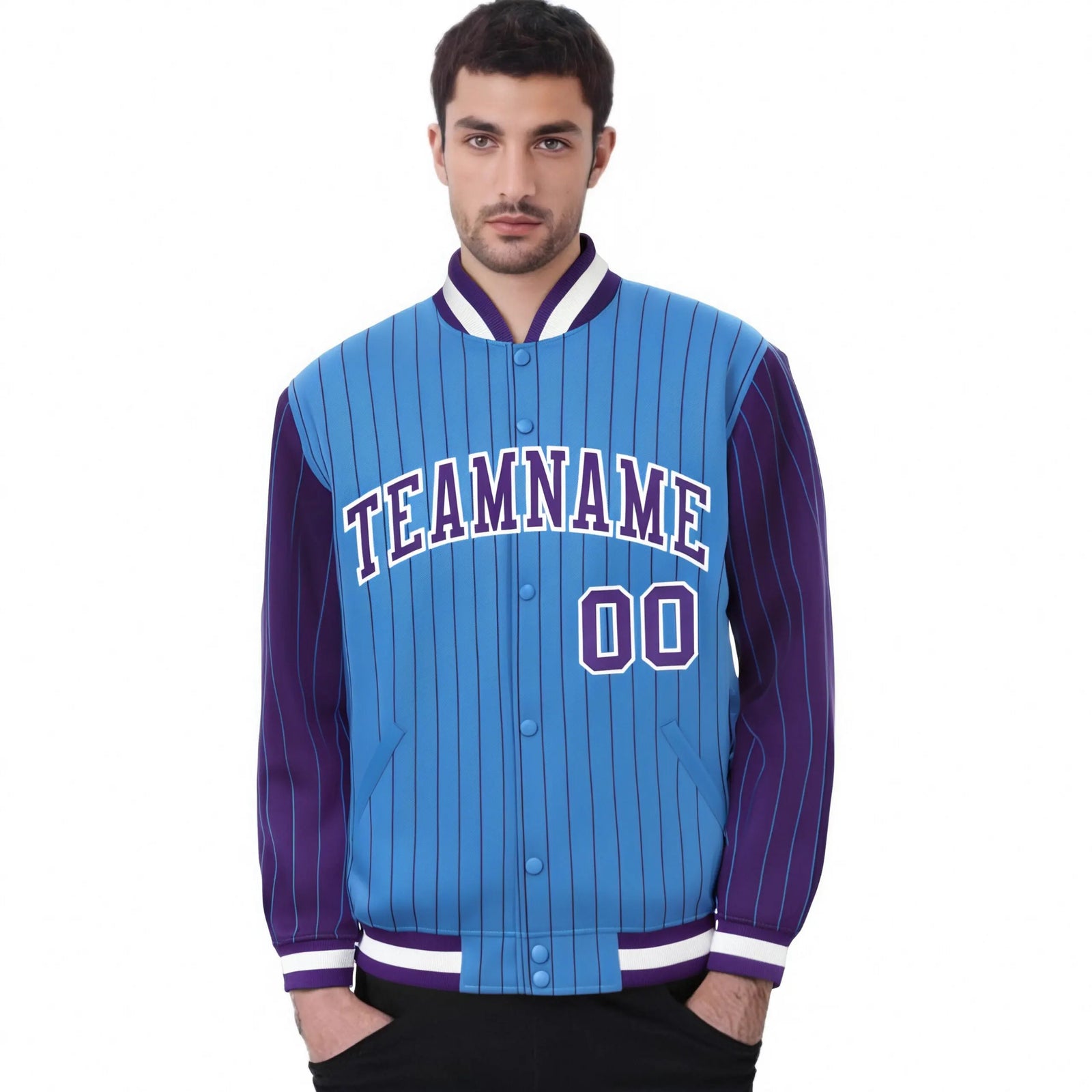 Custom Powder Blue Purple Pinstripe White-Purple Bomber Full-Snap Varsity Letterman Jacket