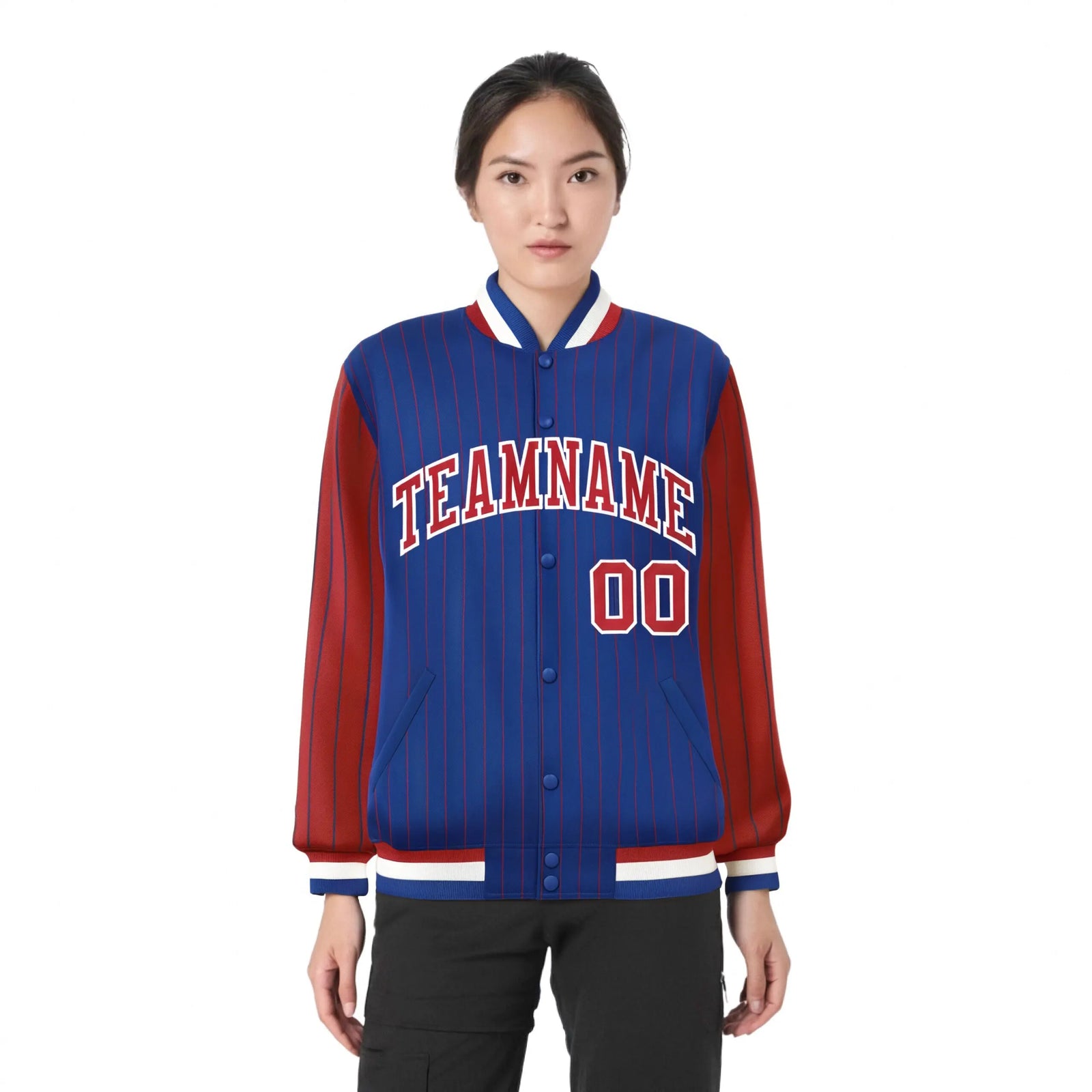 Custom Royal-Blue Red Pinstripe White-Red Bomber Full-Snap Varsity Letterman Jacket
