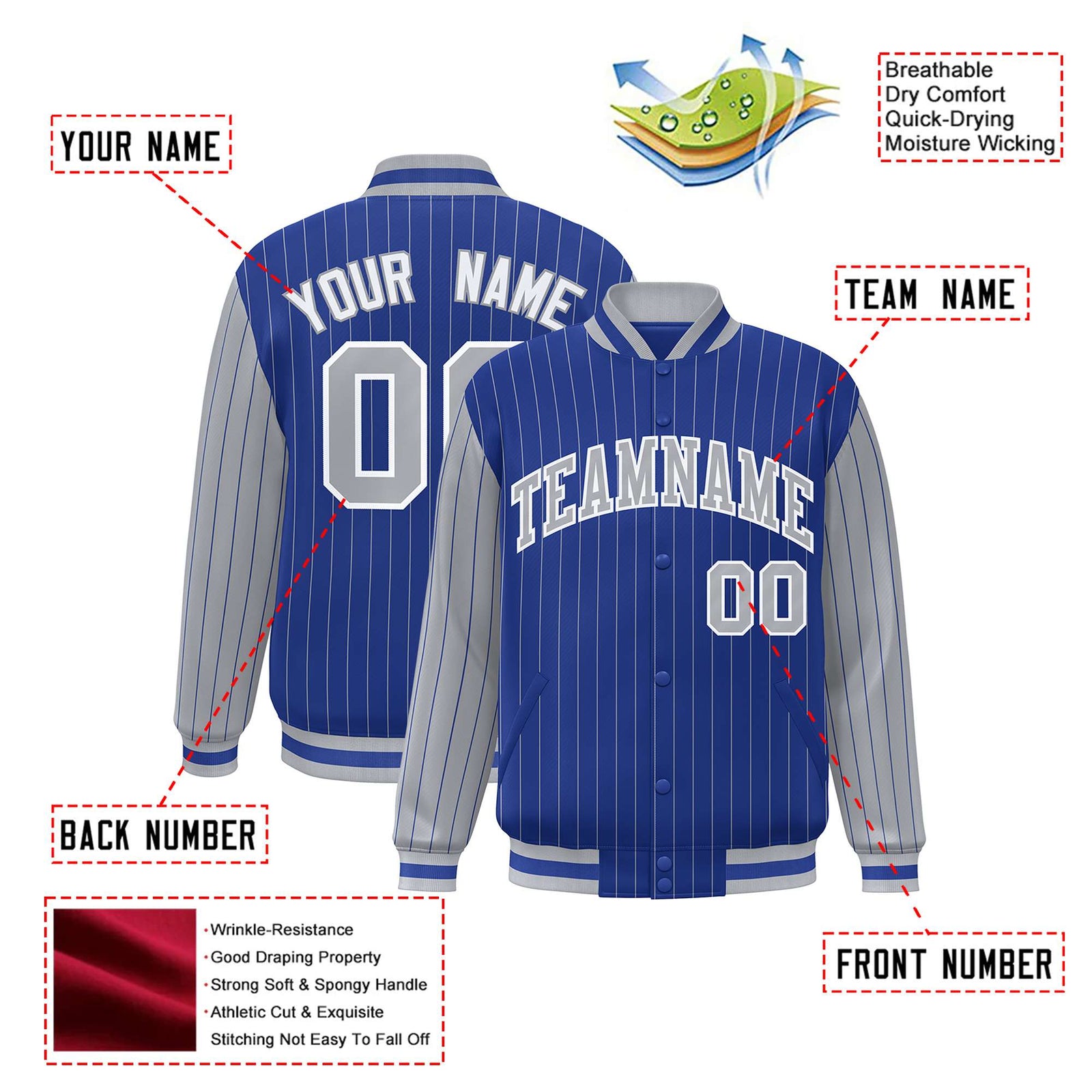 Custom Royal-Blue Gray Pinstripe White-Gray Bomber Full-Snap Varsity Letterman Jacket