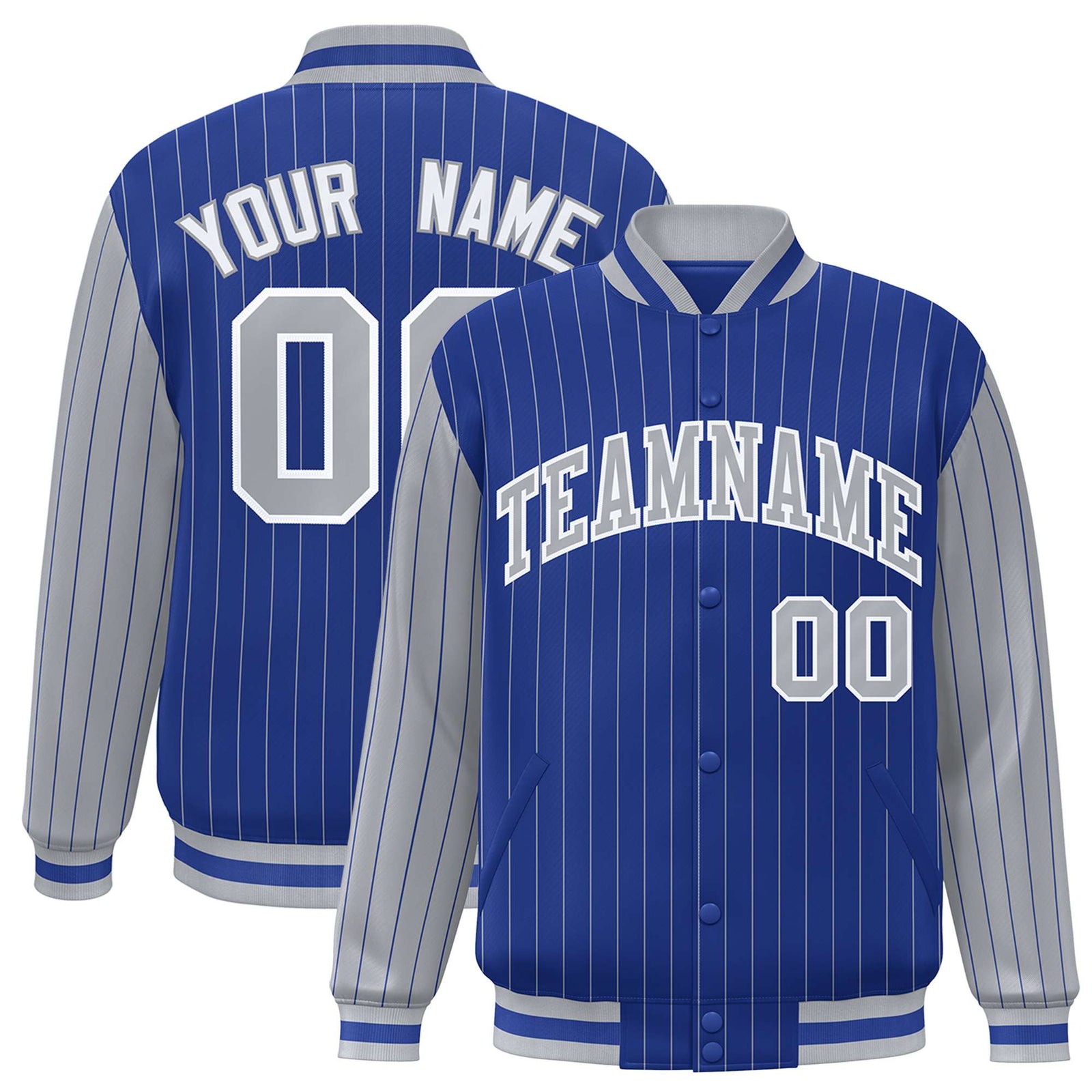 Custom Royal-Blue Gray Pinstripe White-Gray Bomber Full-Snap Varsity Letterman Jacket