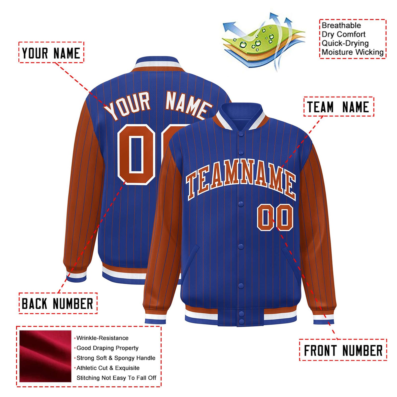 Custom Royal-Blue Brown Pinstripe White-Brown Bomber Full-Snap Varsity Letterman Jacket