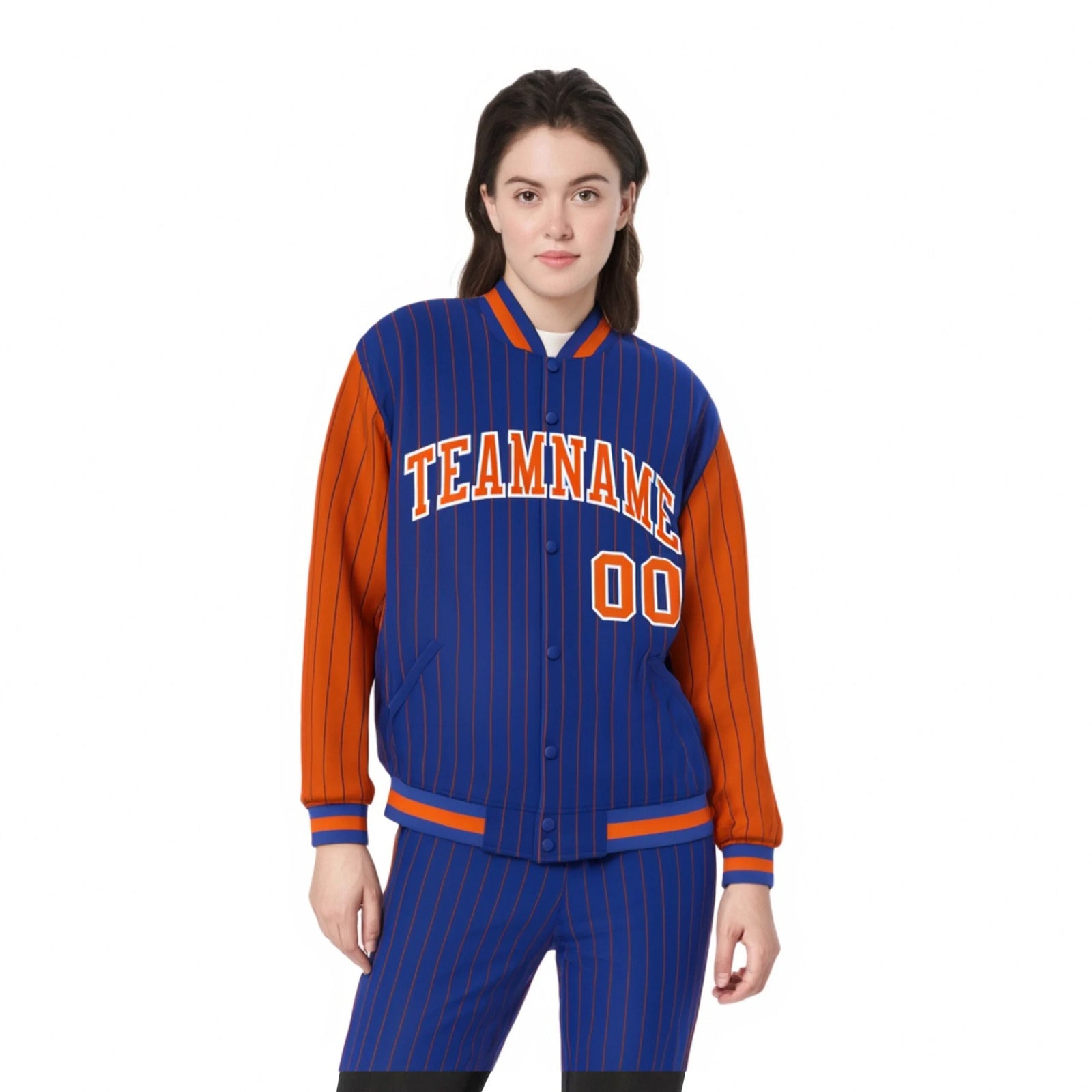Custom Royal-Blue Orange Pinstripe White-Orange Bomber Full-Snap Varsity Letterman Jacket