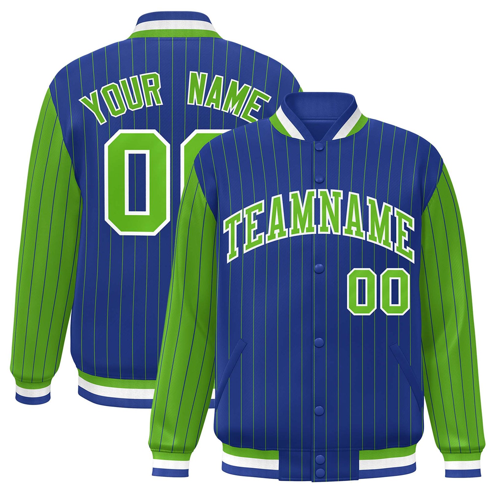 Custom Royal-Blue Neon-Green Pinstripe White Neon-Green Bomber Full-Snap Varsity Letterman Jacket