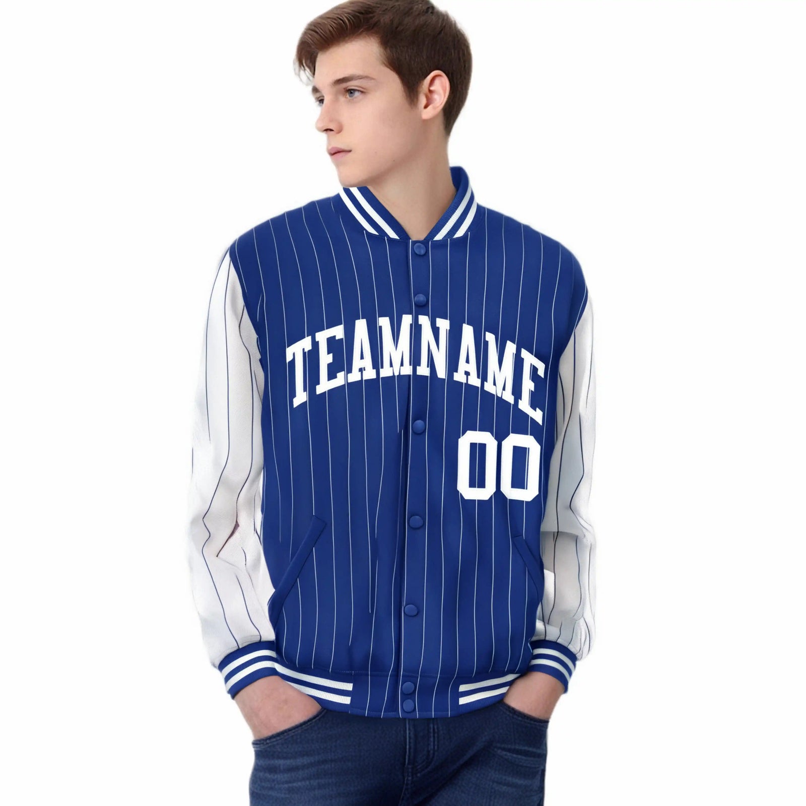 Custom Royal-Blue White Pinstripe White Bomber Full-Snap Varsity Letterman Jacket