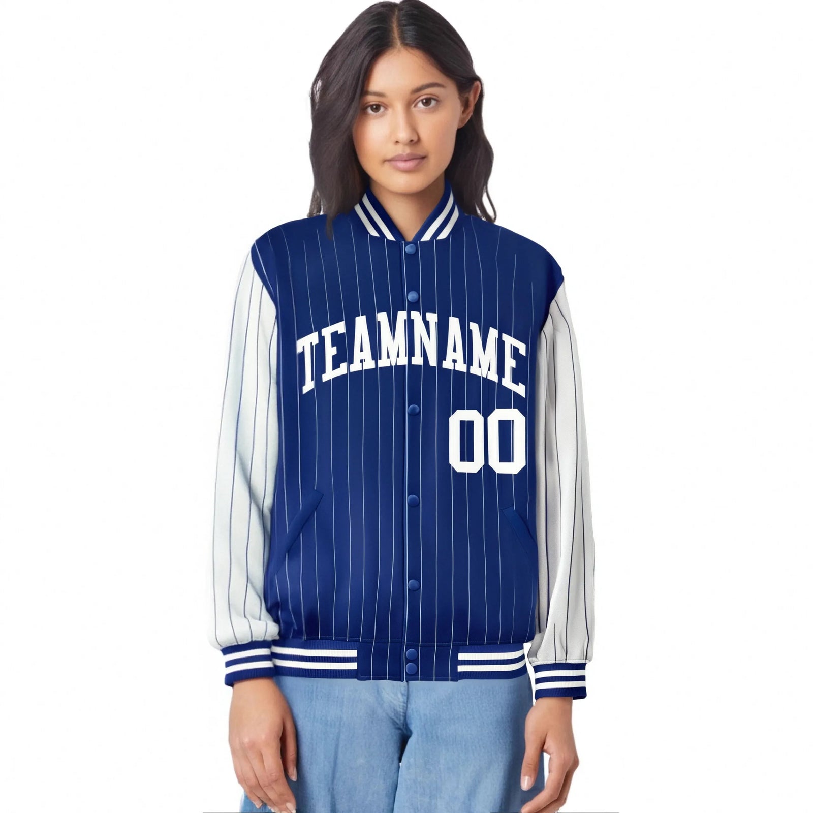 Custom Royal-Blue White Pinstripe White Bomber Full-Snap Varsity Letterman Jacket