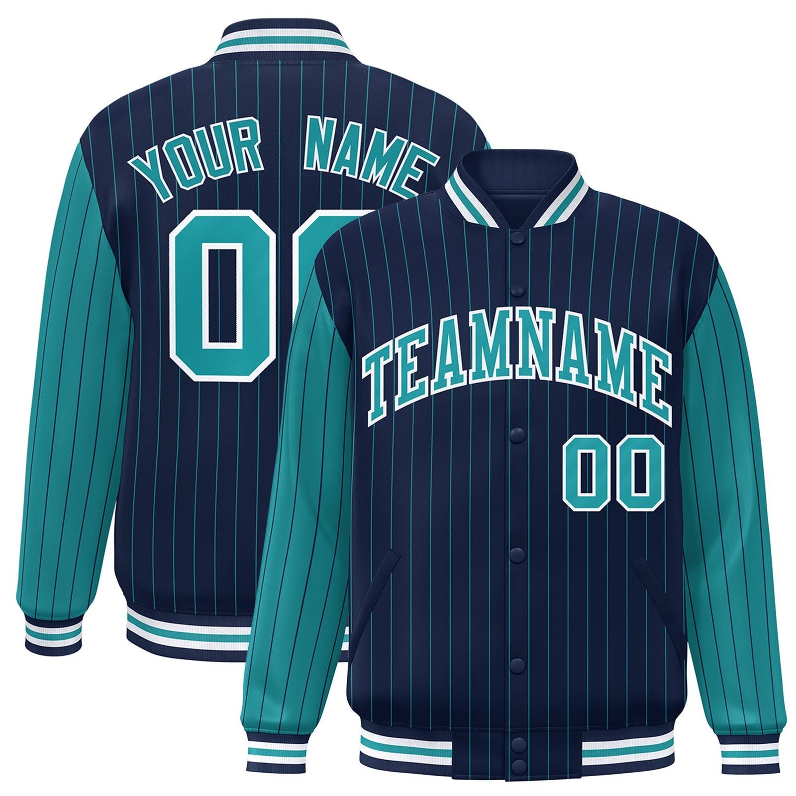 Custom Navy-Aqua Pinstripe White-Aqua Bomber Full-Snap Varsity Letterman Jacket