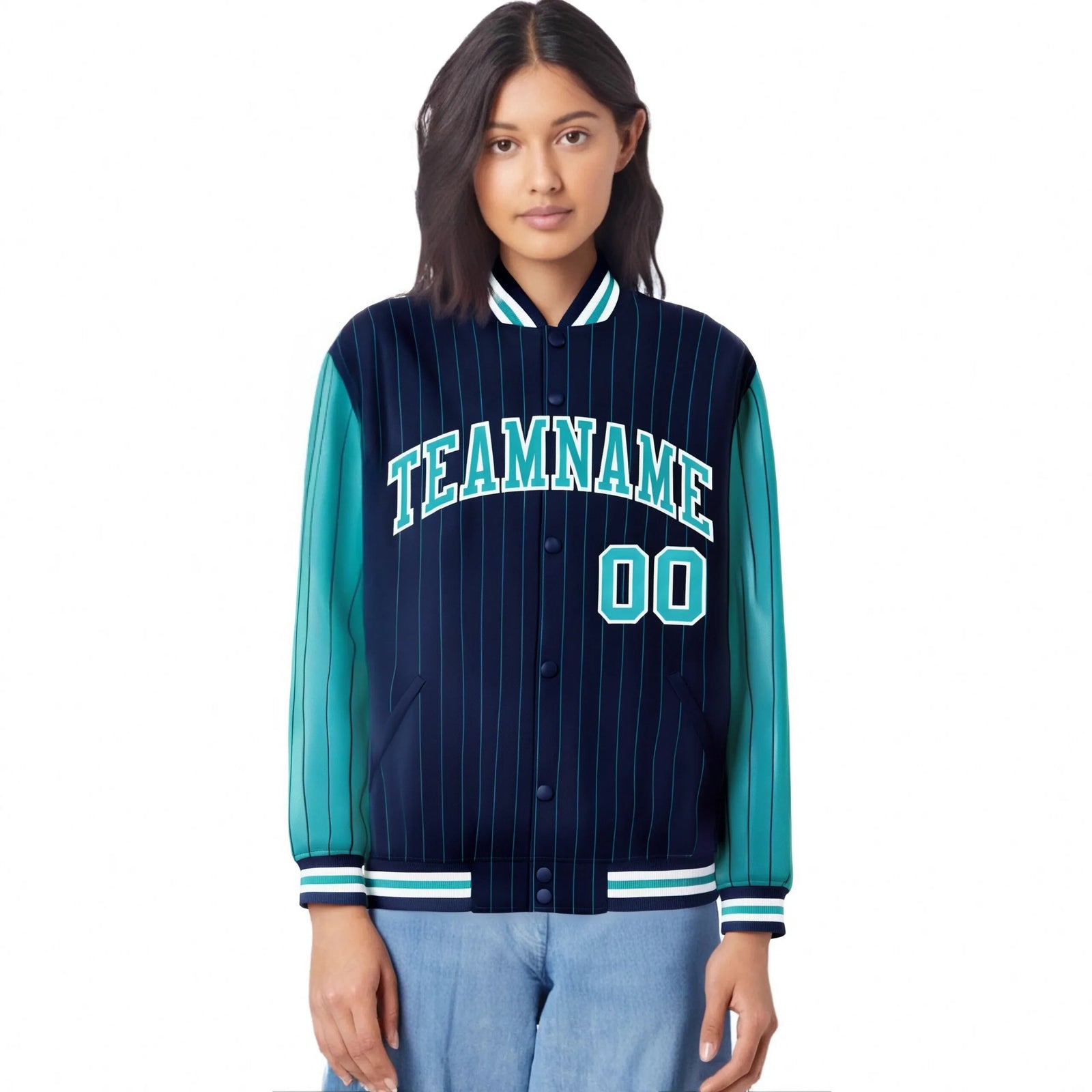 Custom Navy-Aqua Pinstripe White-Aqua Bomber Full-Snap Varsity Letterman Jacket