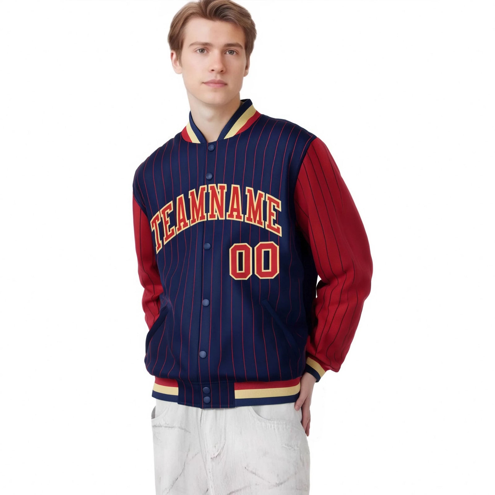 Custom Navy Red Pinstripe Old-Gold Red Bomber Full-Snap Varsity Letterman Jacket
