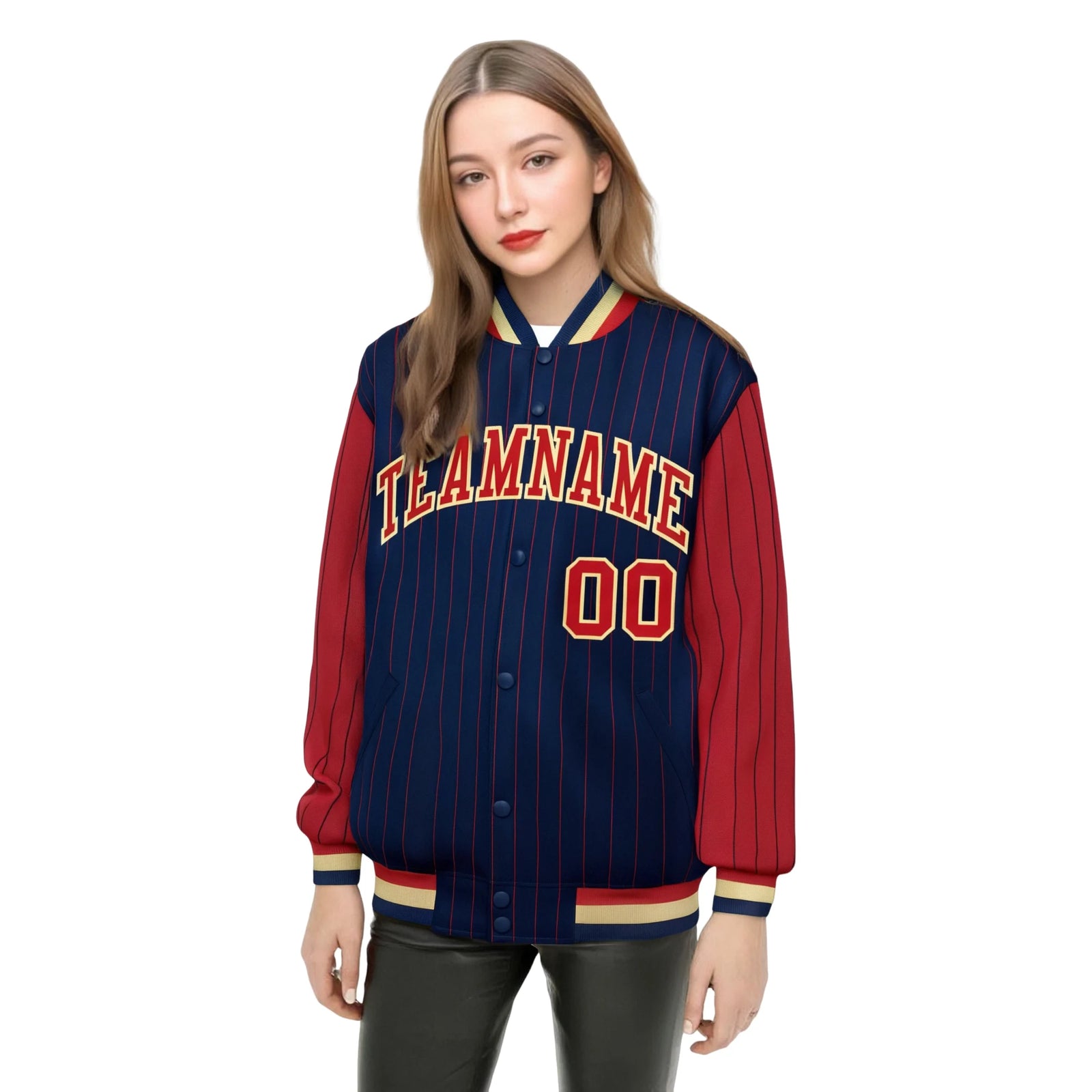 Custom Navy Red Pinstripe Old-Gold Red Bomber Full-Snap Varsity Letterman Jacket
