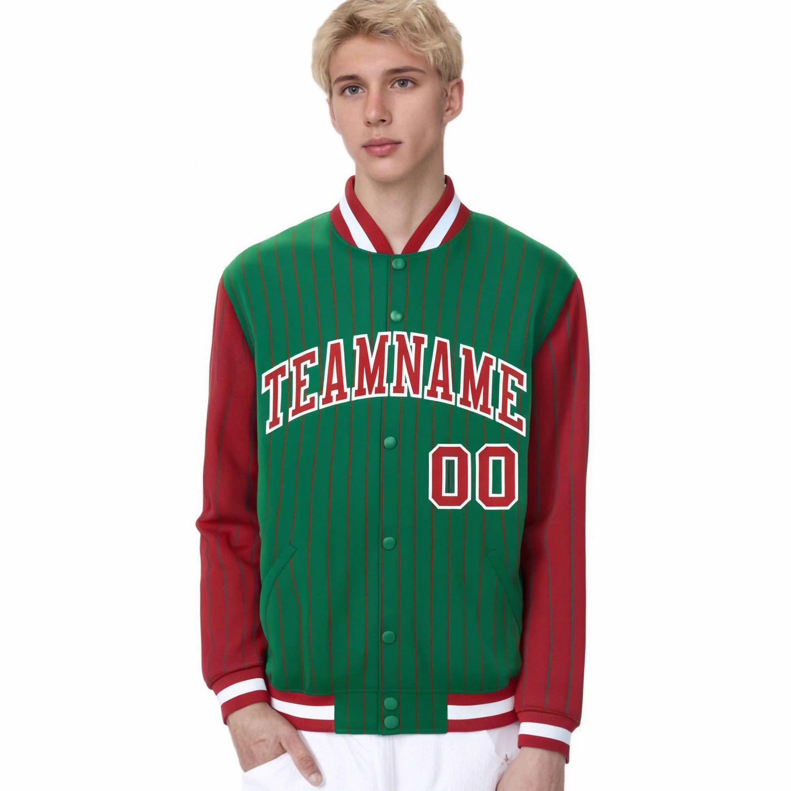 Custom Kelly Green Red Pinstripe White-Red Bomber Full-Snap Varsity Letterman Jacket