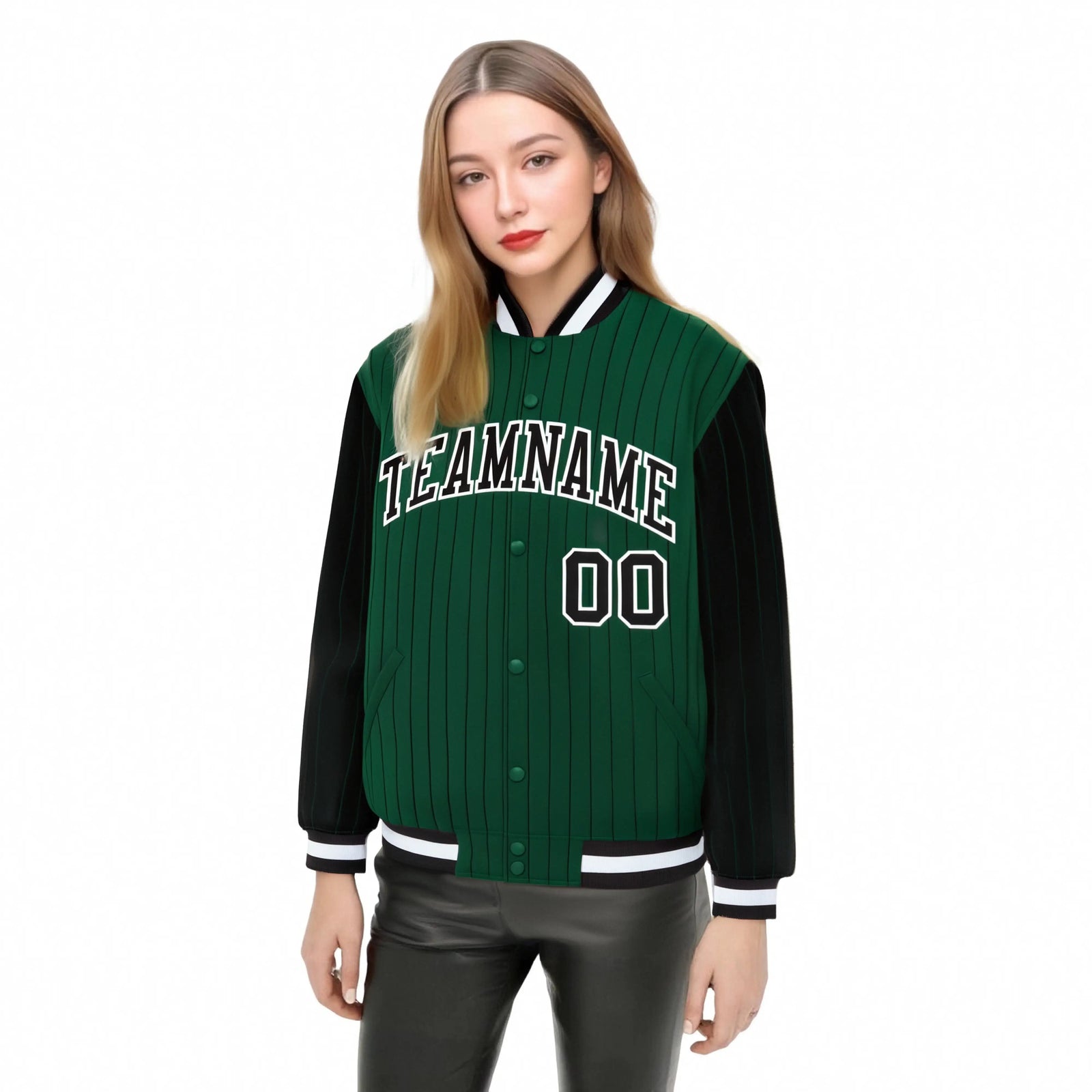 Custom Kelly Green Black Pinstripe White-Black Bomber Full-Snap Varsity Letterman Jacket
