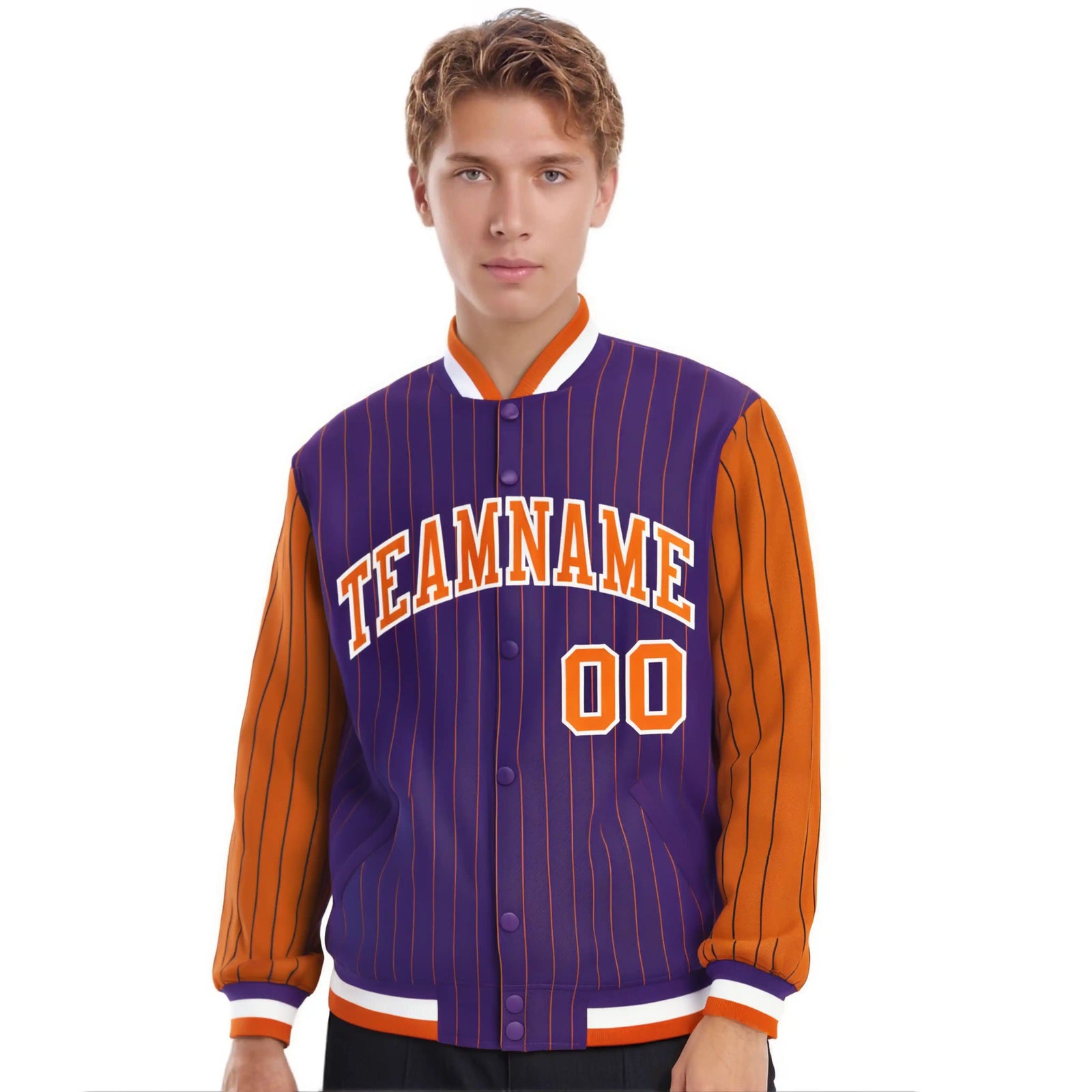 Custom Purple Orange Pinstripe White-Orange Bomber Full-Snap Varsity Letterman Jacket