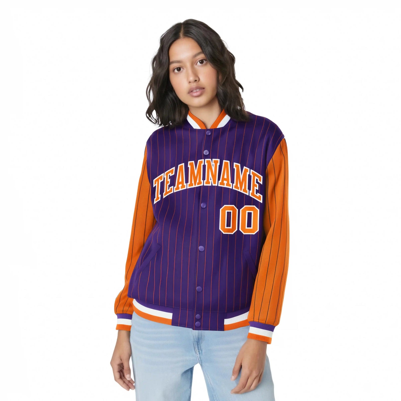 Custom Purple Orange Pinstripe White-Orange Bomber Full-Snap Varsity Letterman Jacket