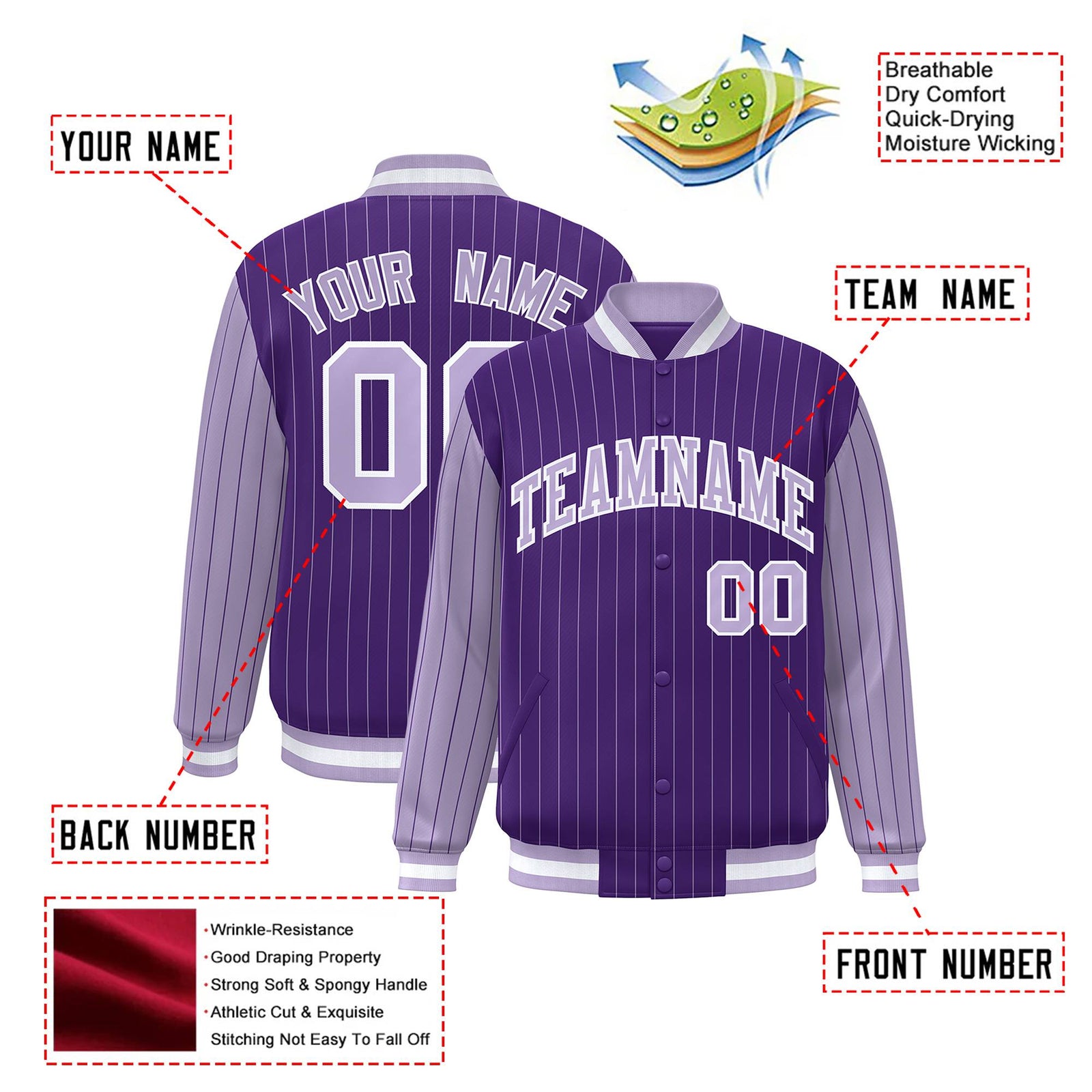 Custom Purple Light-Purple Pinstripe White Light-Purple Bomber Full-Snap Varsity Letterman Jacket