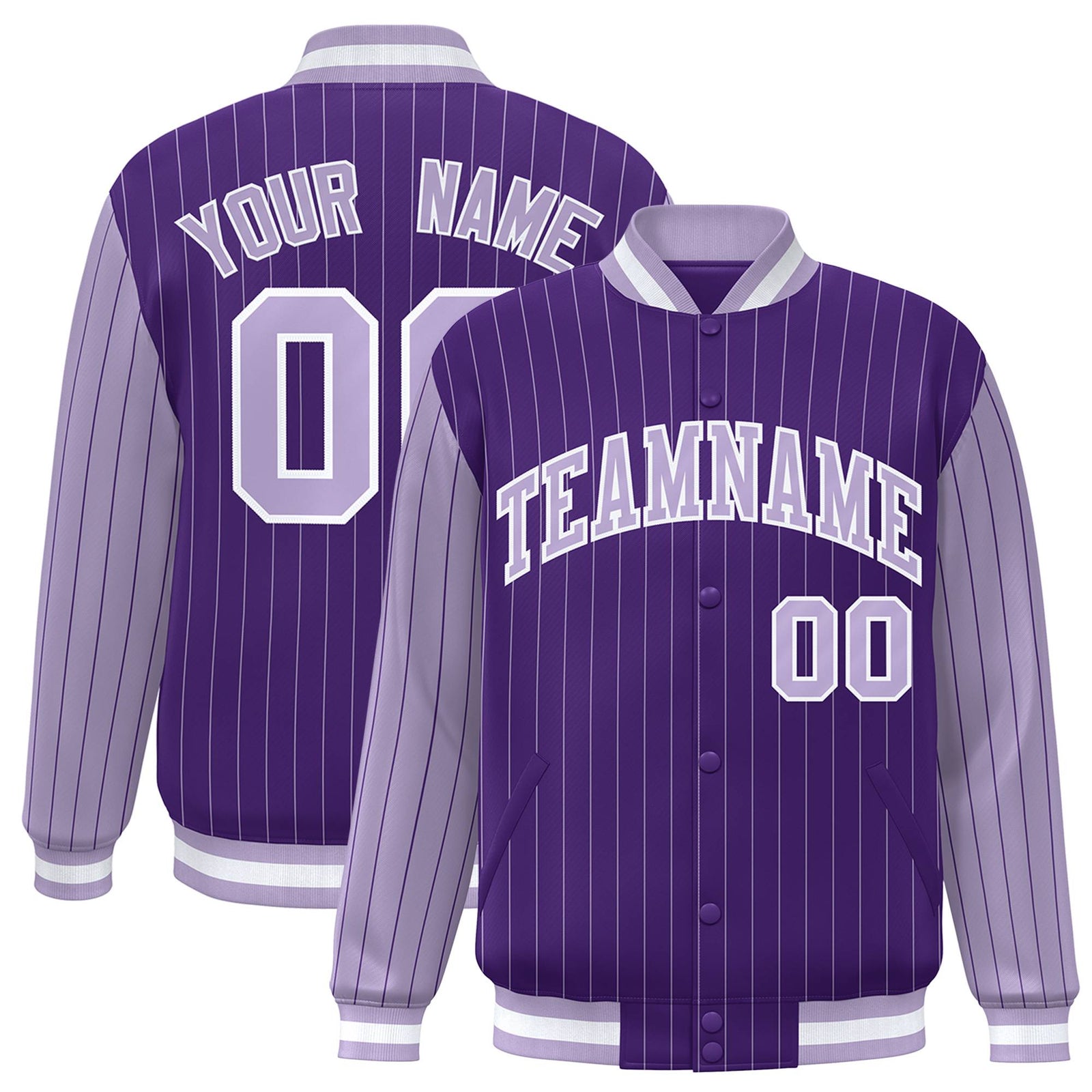 Custom Purple Light-Purple Pinstripe White Light-Purple Bomber Full-Snap Varsity Letterman Jacket