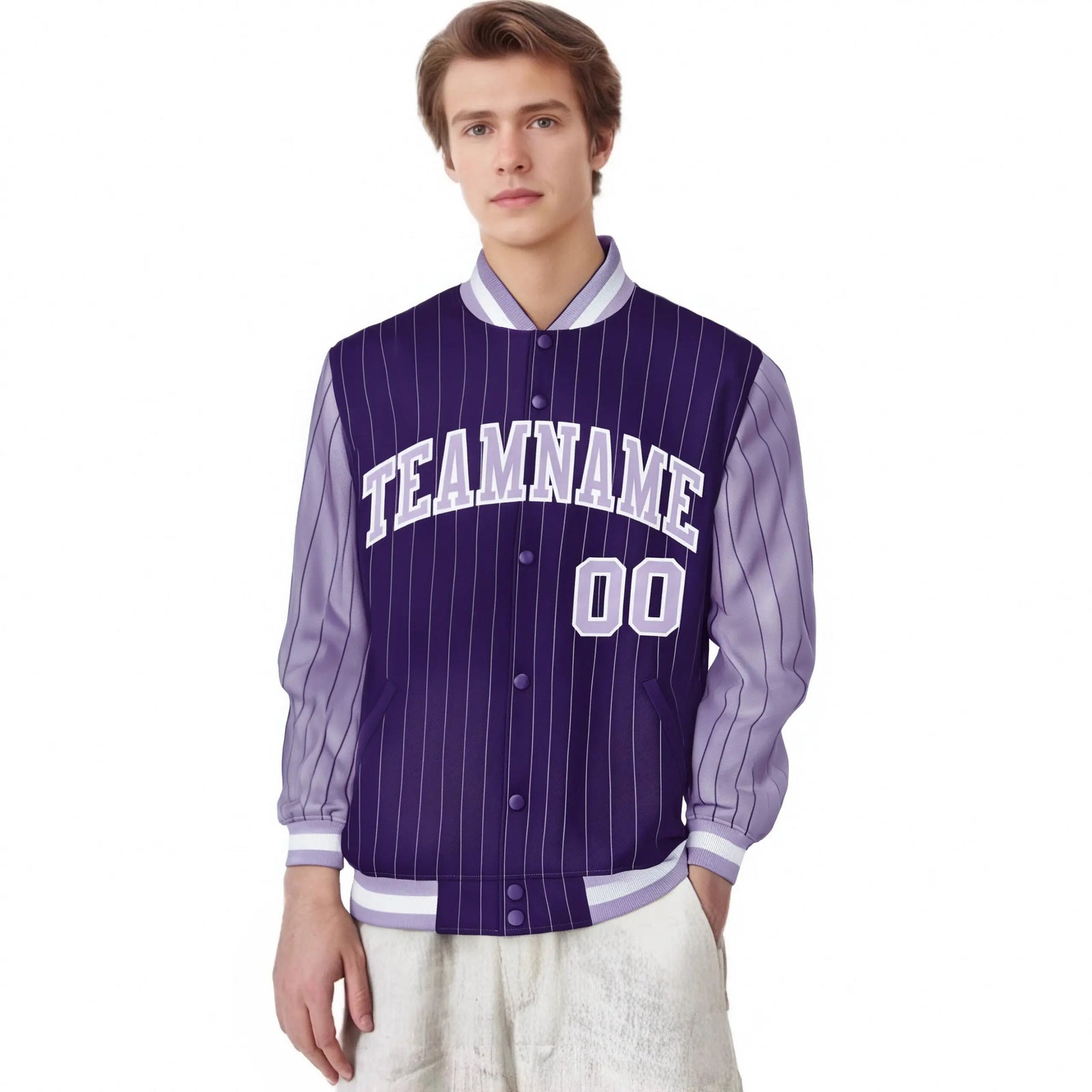 Custom Purple Light-Purple Pinstripe White Light-Purple Bomber Full-Snap Varsity Letterman Jacket