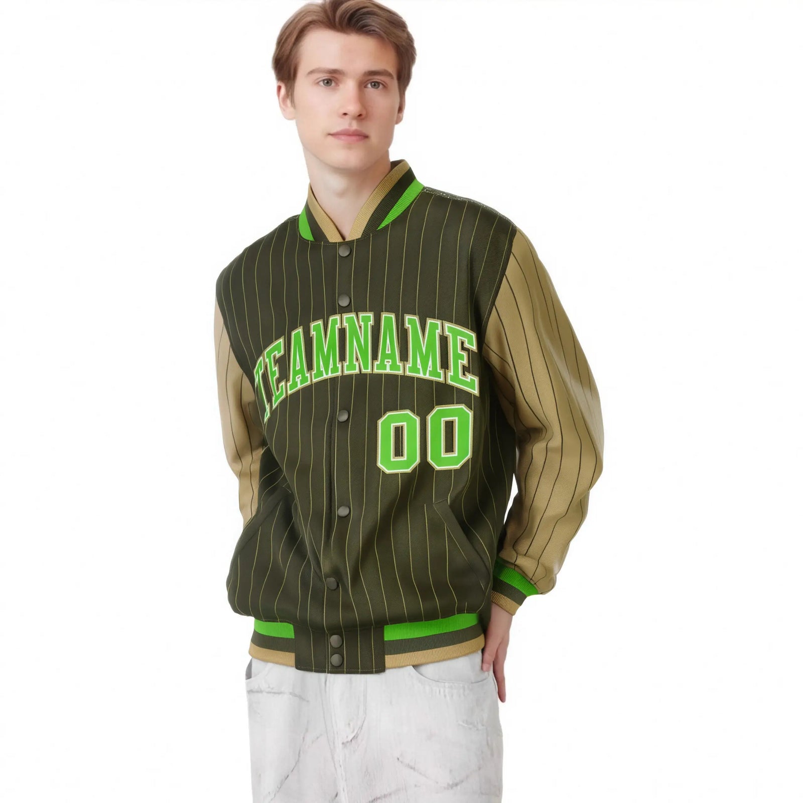 Custom Brown Light-Brown Pinstripe White Neon-Green Bomber Full-Snap Varsity Letterman Jacket