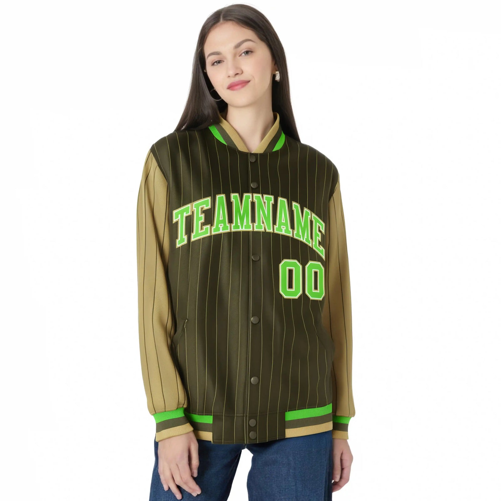 Custom Brown Light-Brown Pinstripe White Neon-Green Bomber Full-Snap Varsity Letterman Jacket