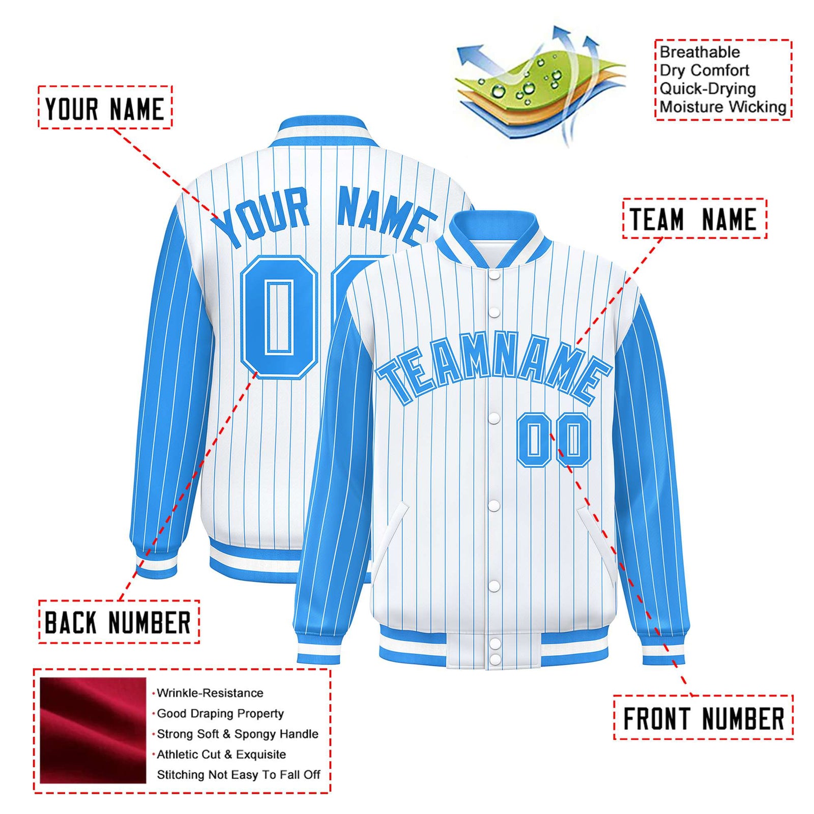 Custom White Powder Blue Pinstripe Powder-Blue White Bomber Full-Snap Varsity Letterman Jacket