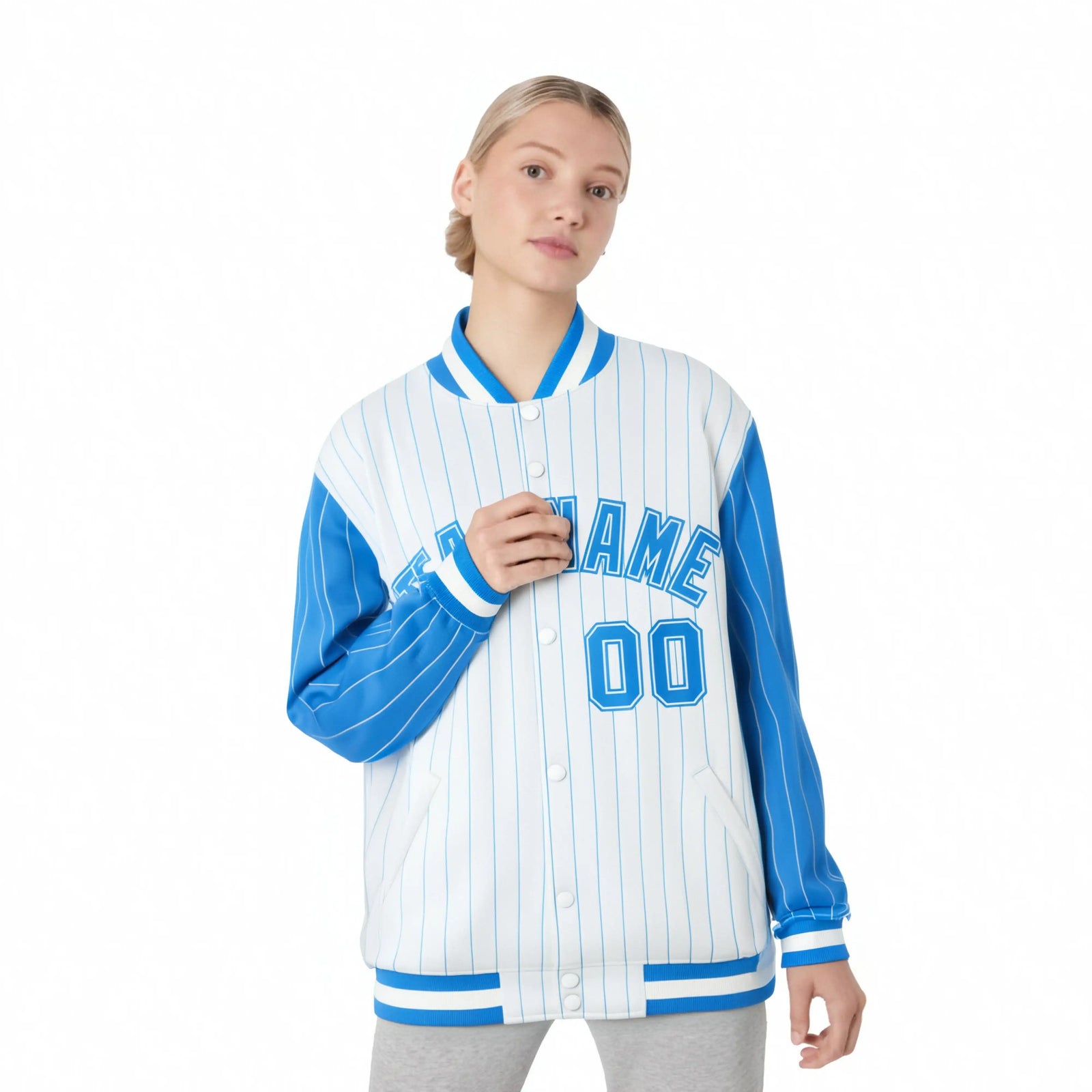 Custom White Powder Blue Pinstripe Powder-Blue White Bomber Full-Snap Varsity Letterman Jacket