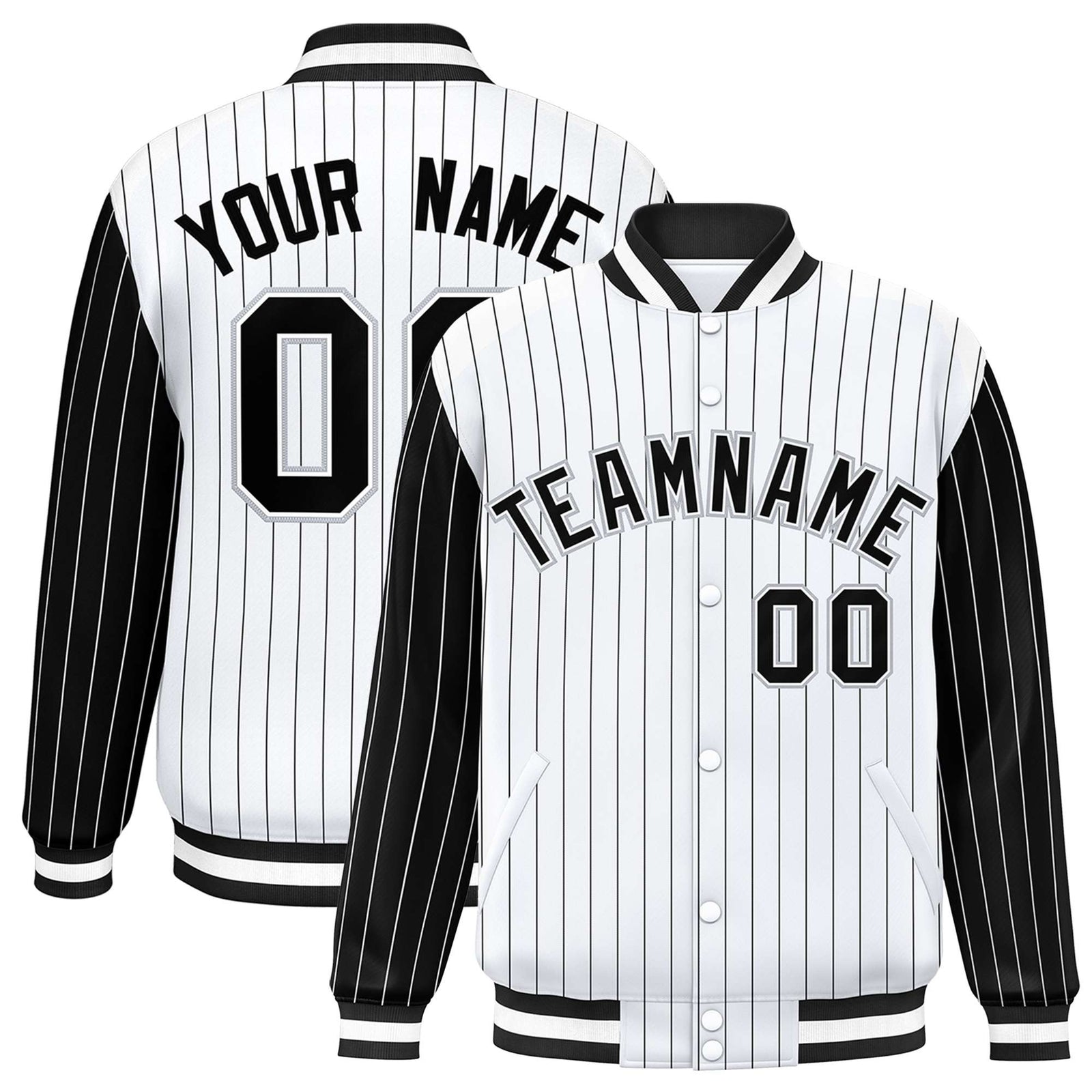 Custom White Black Pinstripe Gray-Black Bomber Full-Snap Varsity Letterman Jacket
