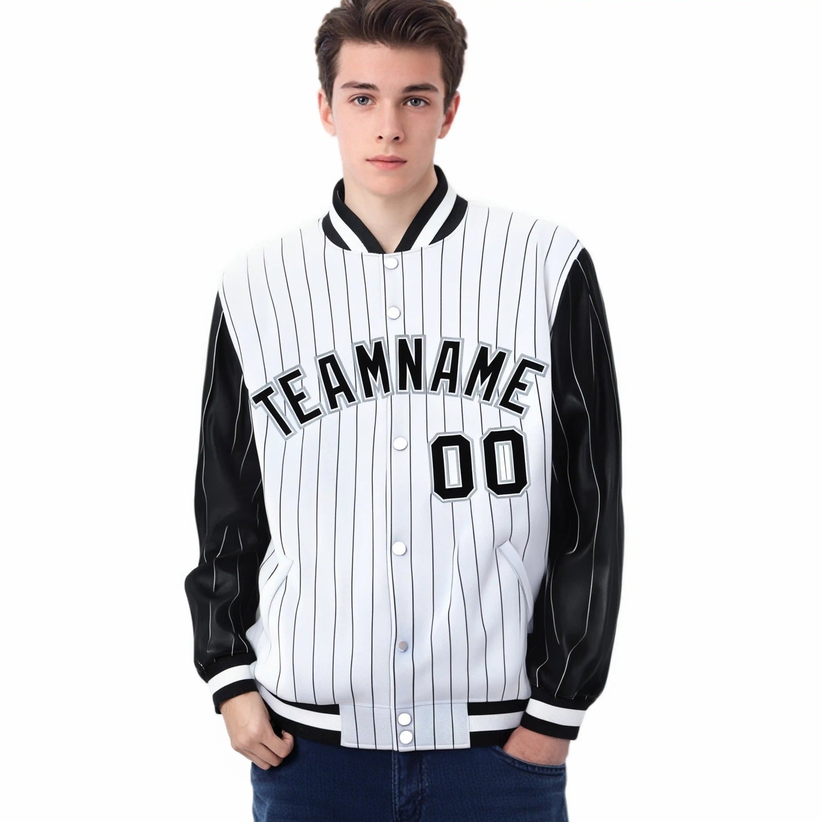 Custom White Black Pinstripe Gray-Black Bomber Full-Snap Varsity Letterman Jacket