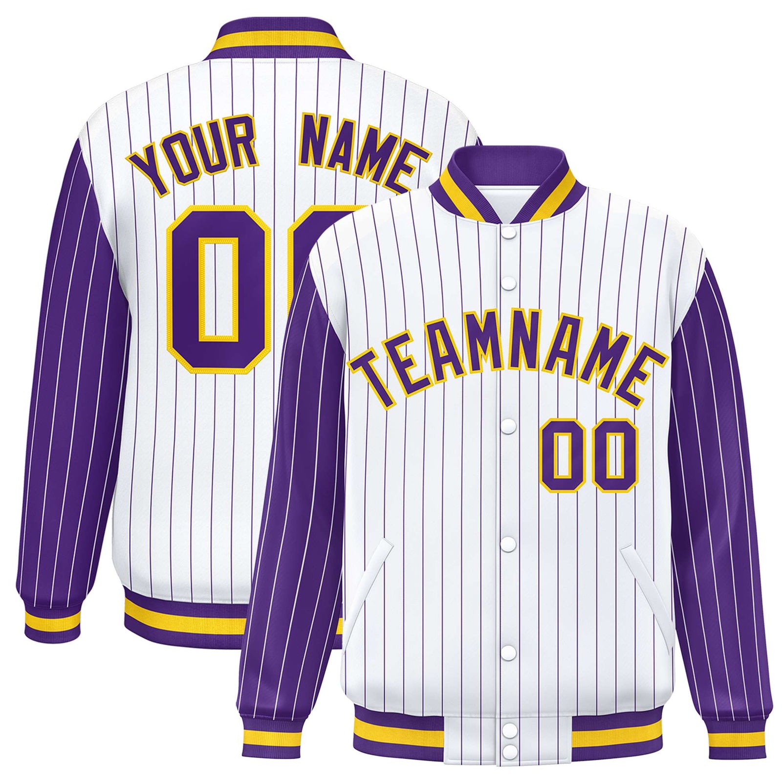 Custom White Purple Pinstripe Glod-Purple Bomber Full-Snap Varsity Letterman Jacket