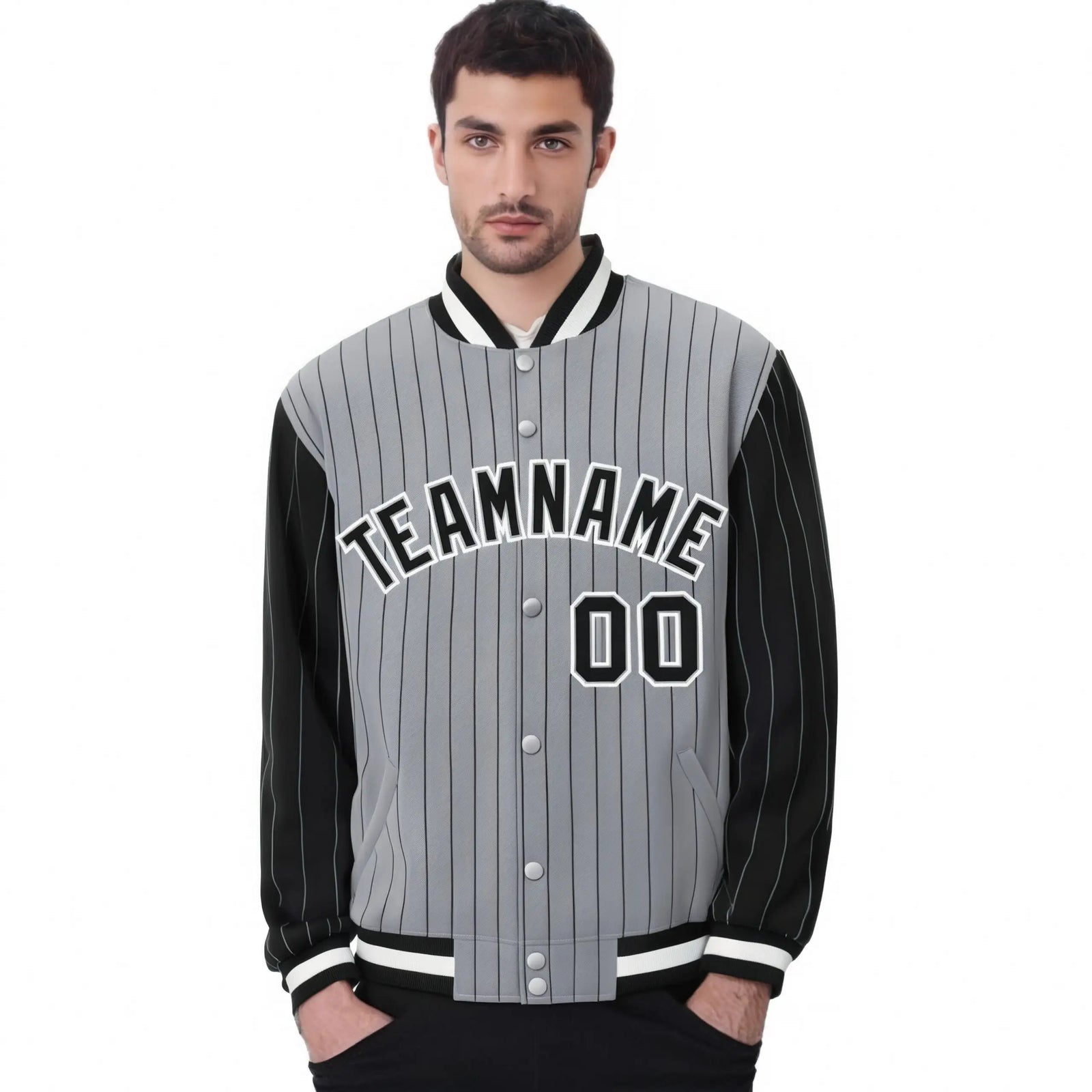 Custom Gray Black Pinstripe White-Black Bomber Full-Snap Varsity Letterman Jacket