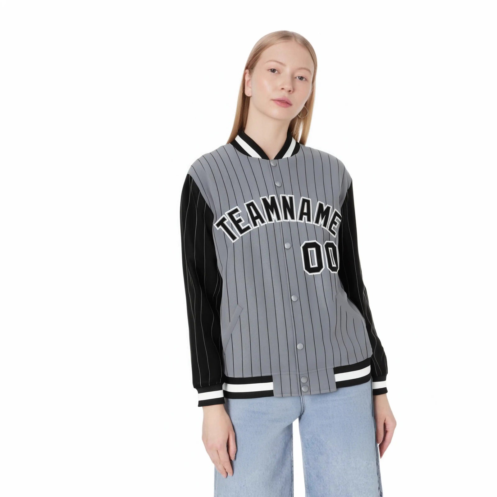 Custom Gray Black Pinstripe White-Black Bomber Full-Snap Varsity Letterman Jacket