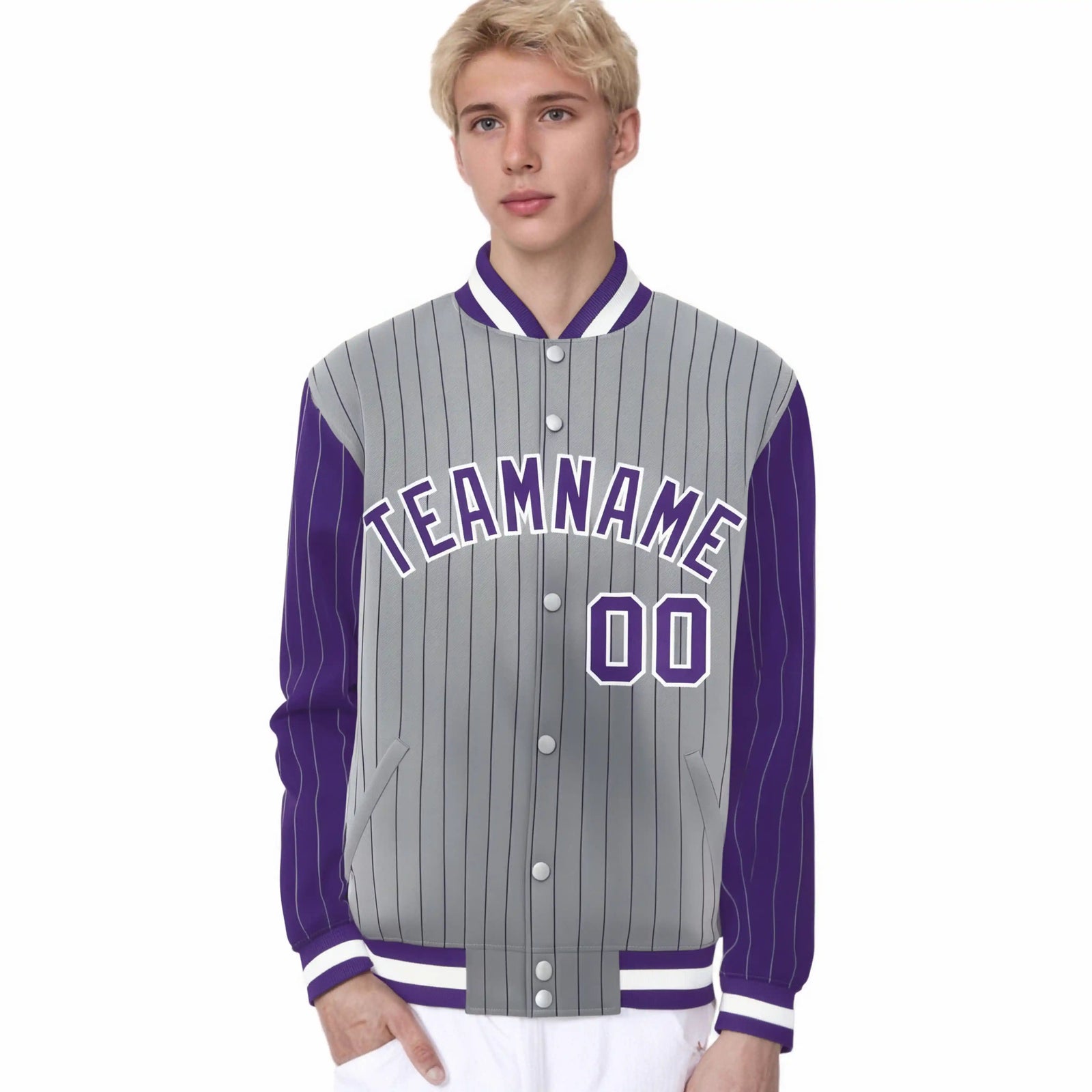 Custom Gray Purple Pinstripe White-Purple Bomber Full-Snap Varsity Letterman Jacket
