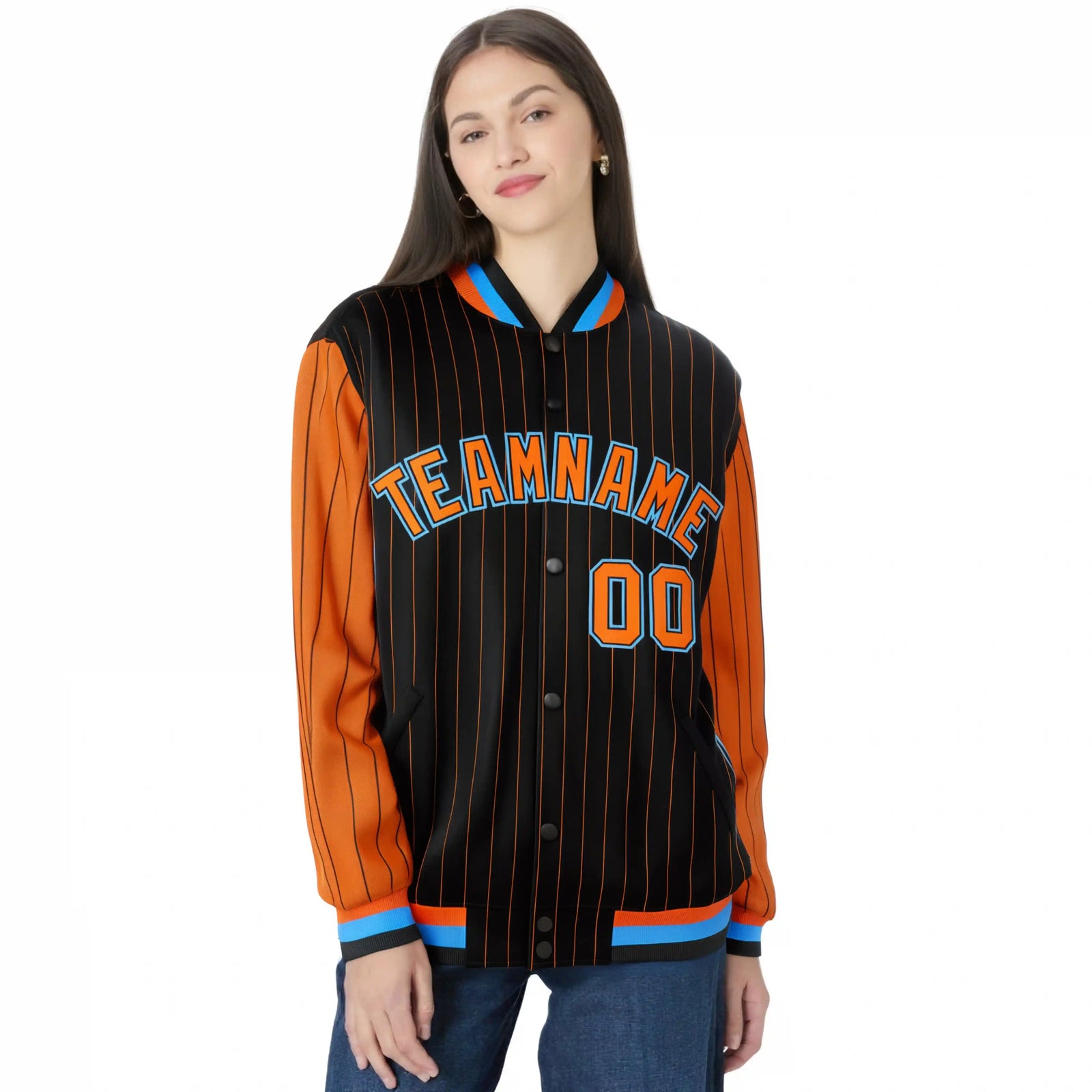 Custom Black Orange Pinstripe Powder-Blue Orange Bomber Full-Snap Varsity Letterman Jacket