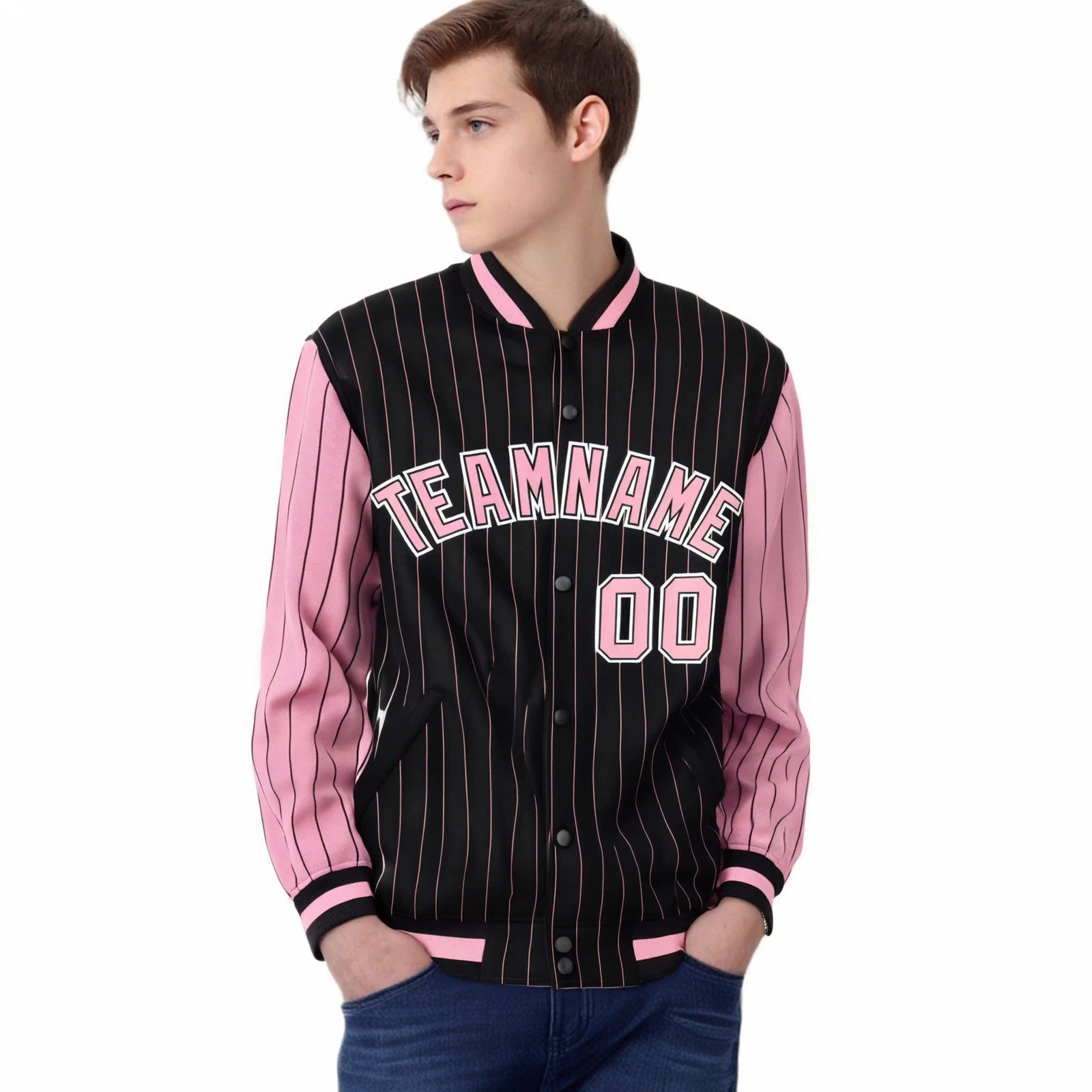 Custom Black Light-Pink Pinstripe White Light-Pink Bomber Full-Snap Varsity Letterman Jacket