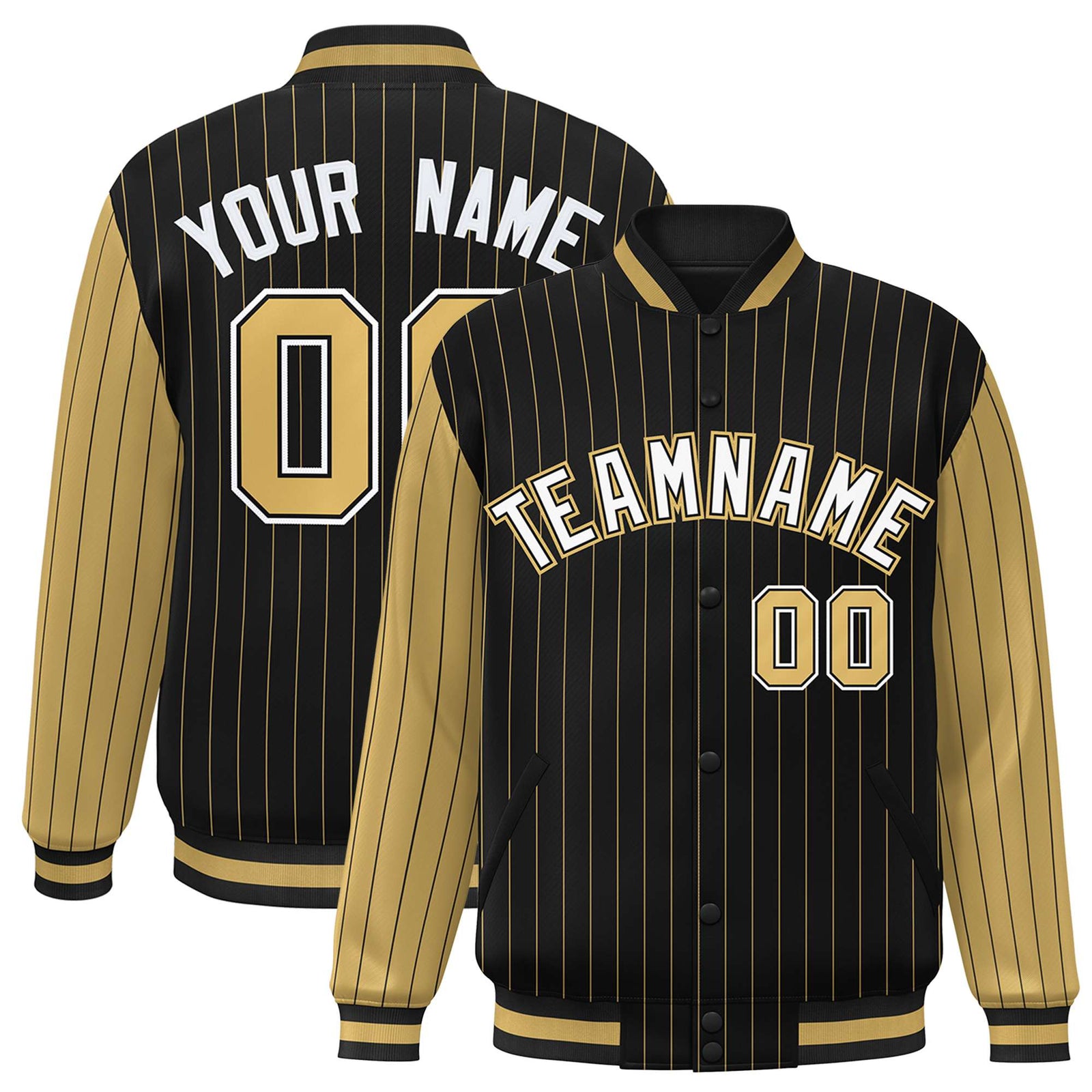 Custom Black Old-Gold Pinstripe Old-Gold White Bomber Full-Snap Varsity Letterman Jacket