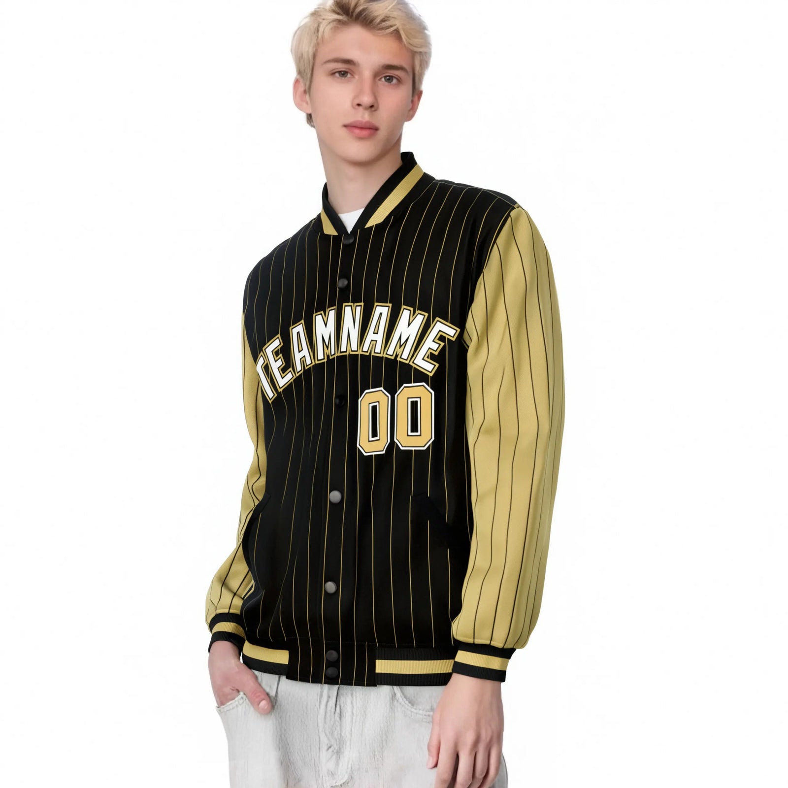 Custom Black Old-Gold Pinstripe Old-Gold White Bomber Full-Snap Varsity Letterman Jacket