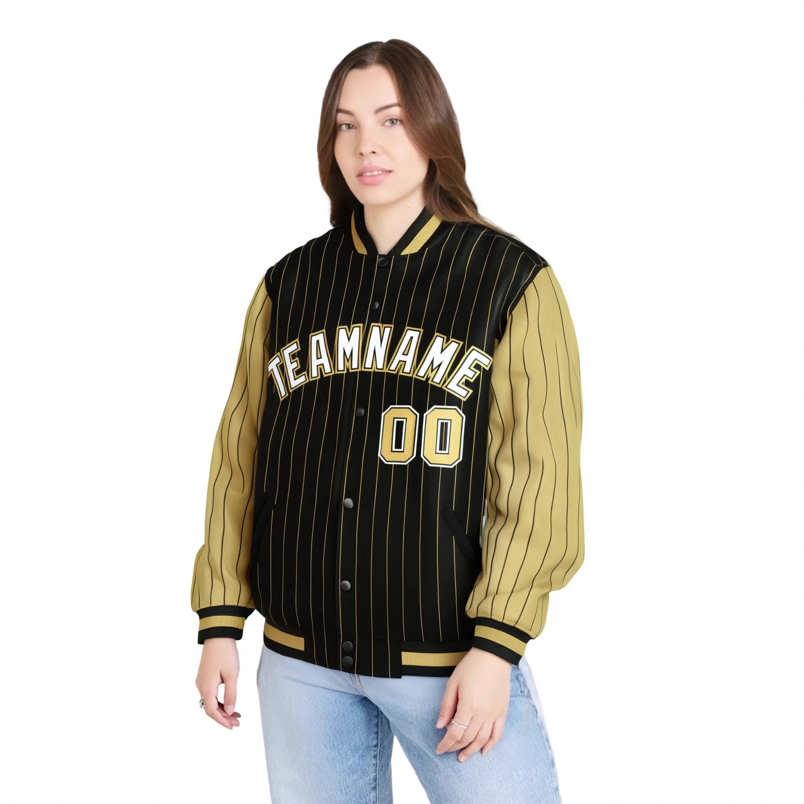 Custom Black Old-Gold Pinstripe Old-Gold White Bomber Full-Snap Varsity Letterman Jacket