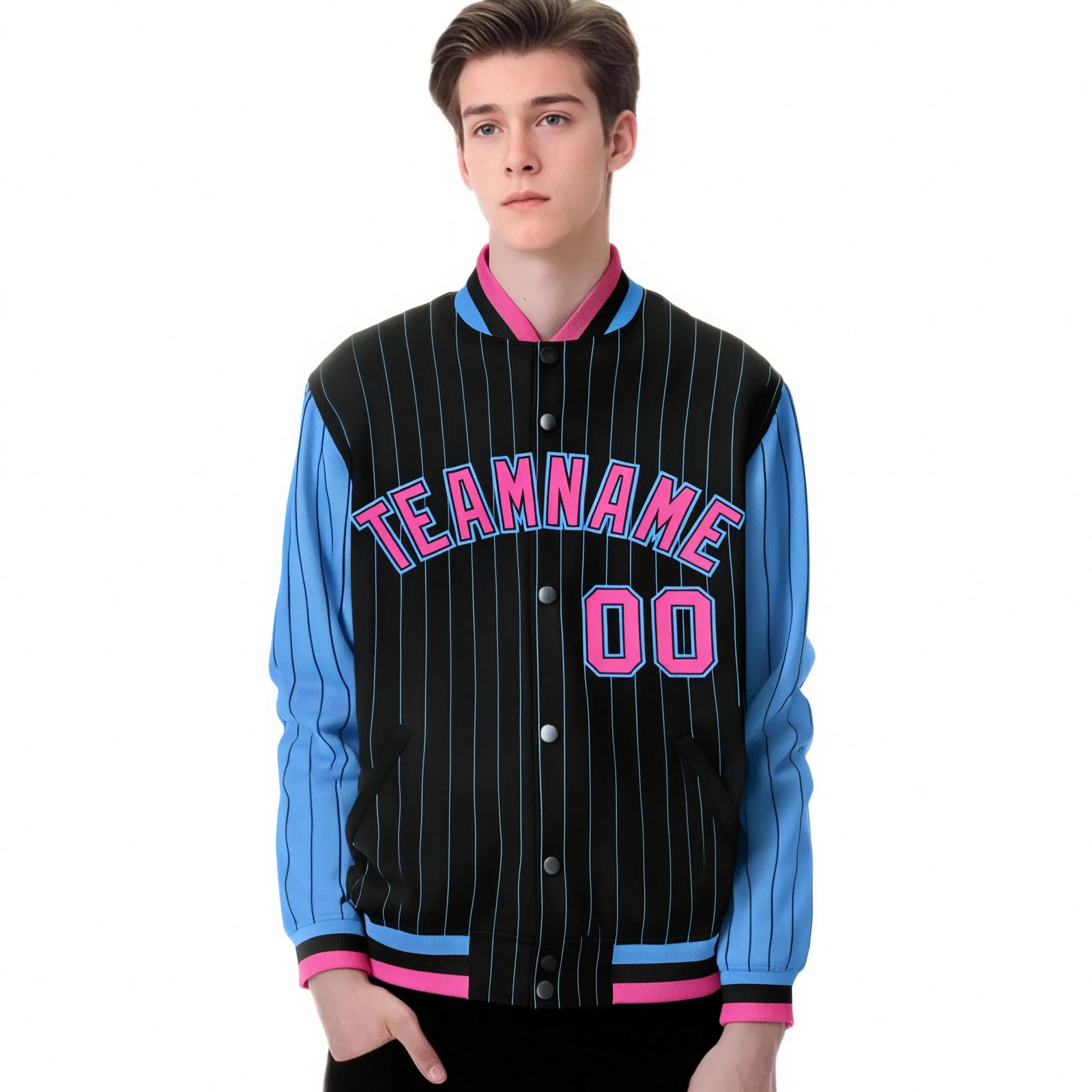 Custom Black Blue Pinstripe Blue-Pink Bomber Full-Snap Varsity Letterman Jacket