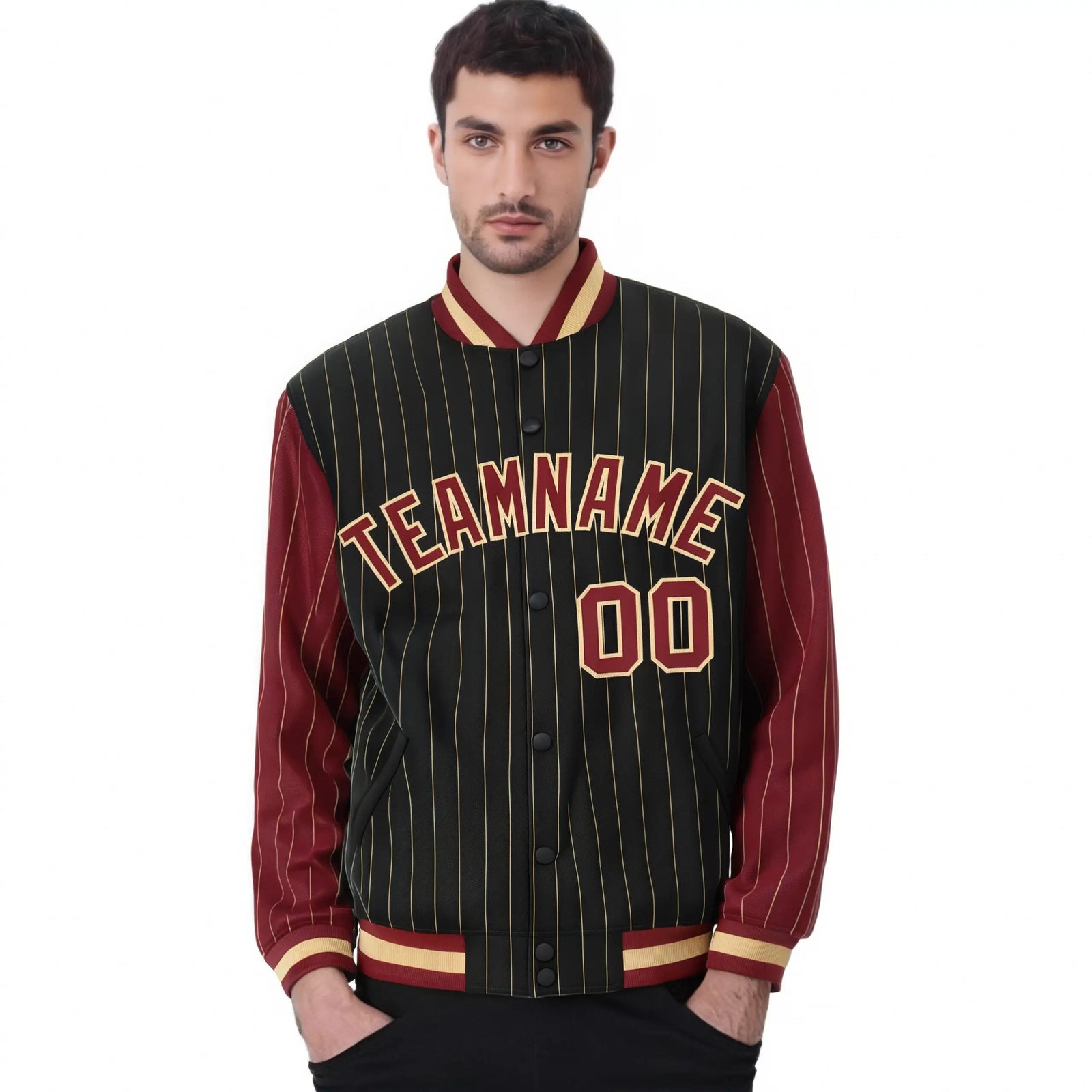 Custom Black Old-Gold Pinstripe Old-Gold Crimson Bomber Full-Snap Varsity Letterman Jacket