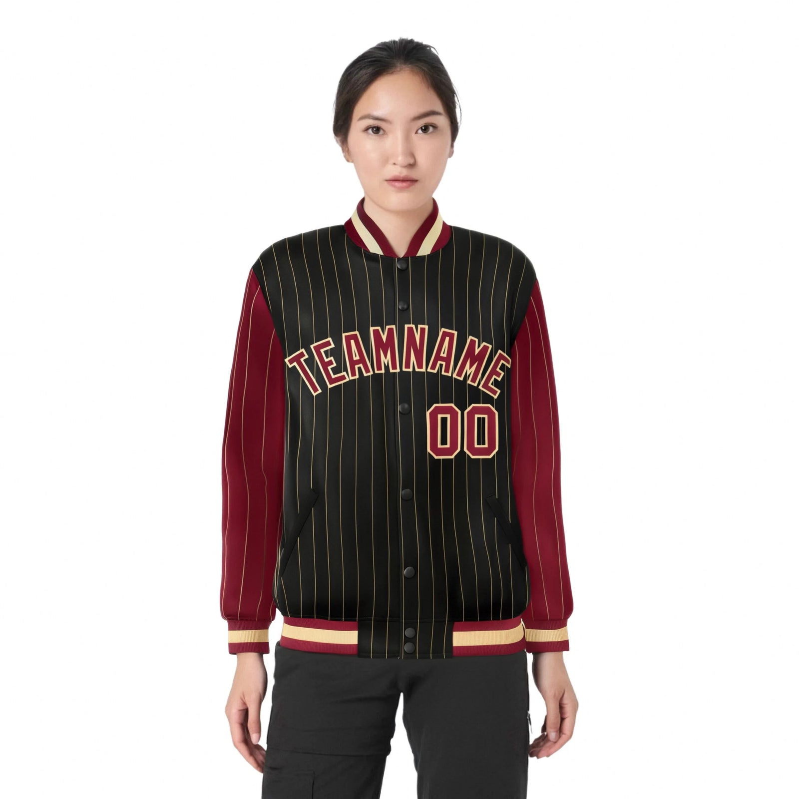Custom Black Old-Gold Pinstripe Old-Gold Crimson Bomber Full-Snap Varsity Letterman Jacket