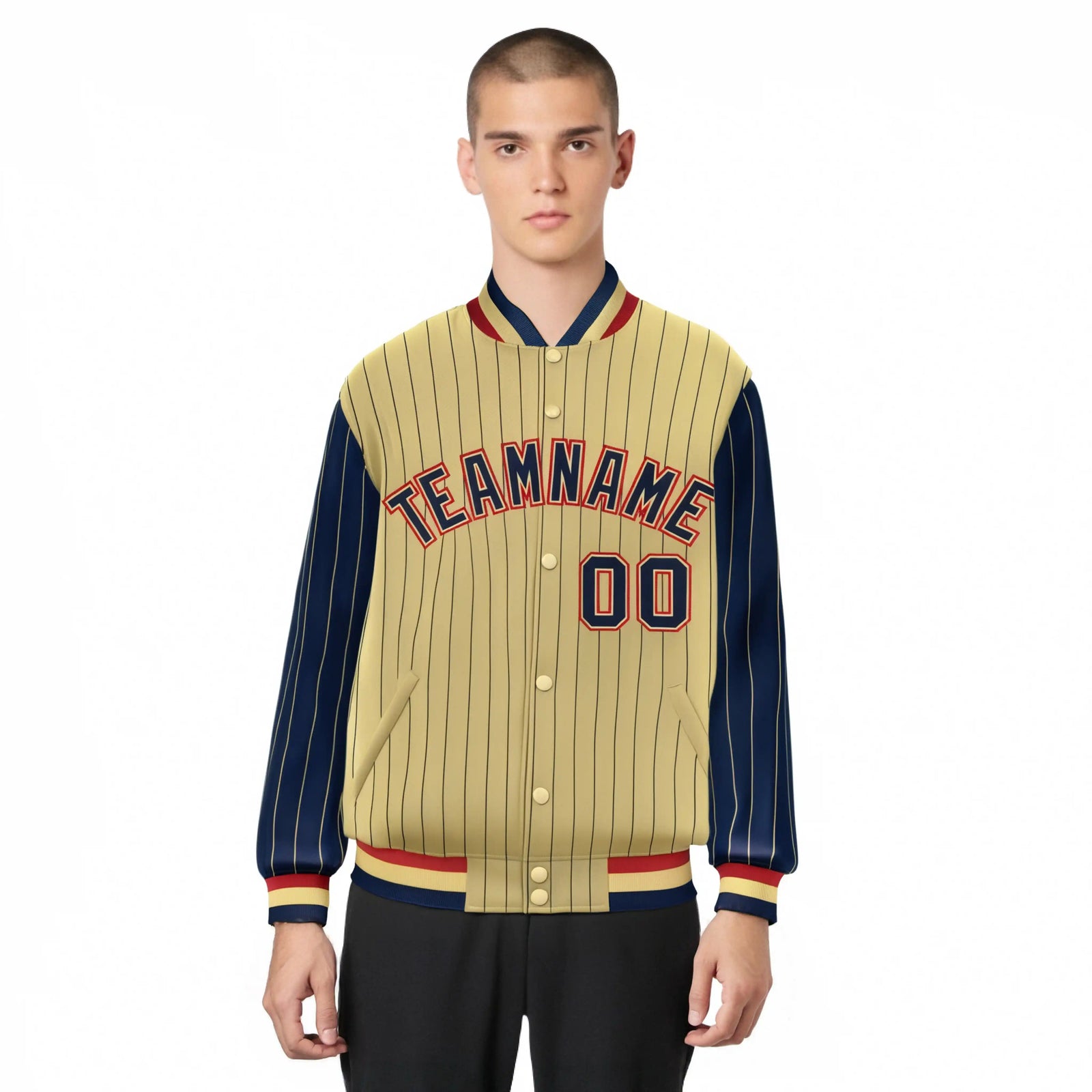 Custom Old Gold Navy Pinstripe Red-Navy Bomber Full-Snap Varsity Letterman Jacket