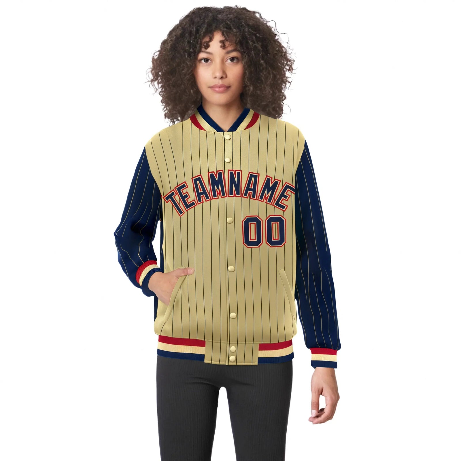 Custom Old Gold Navy Pinstripe Red-Navy Bomber Full-Snap Varsity Letterman Jacket