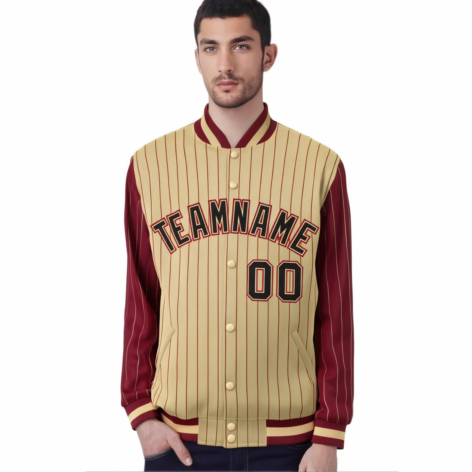 Custom Old Gold Crimson Pinstripe Crimson-Black Bomber Full-Snap Varsity Letterman Jacket