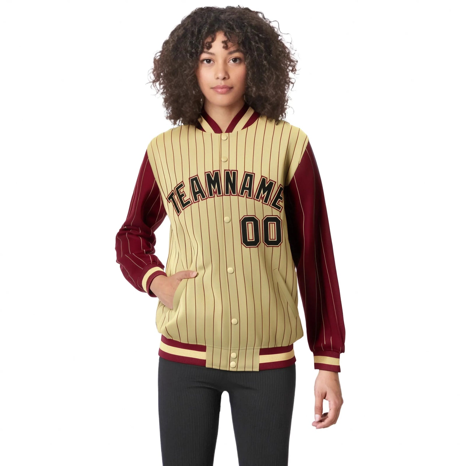 Custom Old Gold Crimson Pinstripe Crimson-Black Bomber Full-Snap Varsity Letterman Jacket