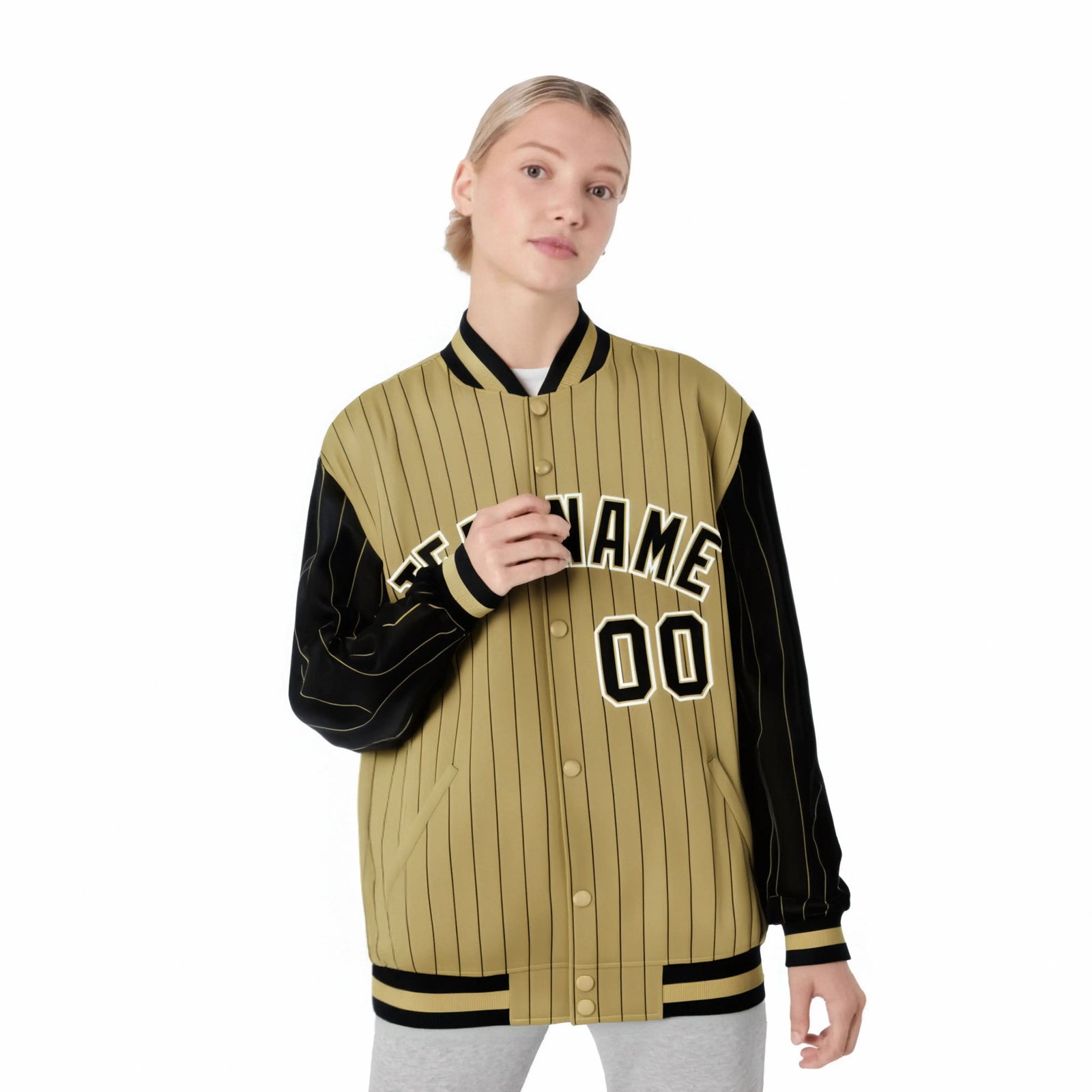 Custom Old Gold Black Pinstripe White-Black Bomber Full-Snap Varsity Letterman Jacket