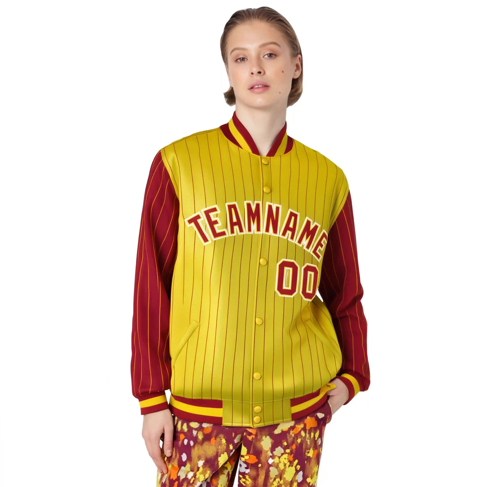 Custom Gold Red Pinstripe White-Red Bomber Full-Snap Varsity Letterman Jacket