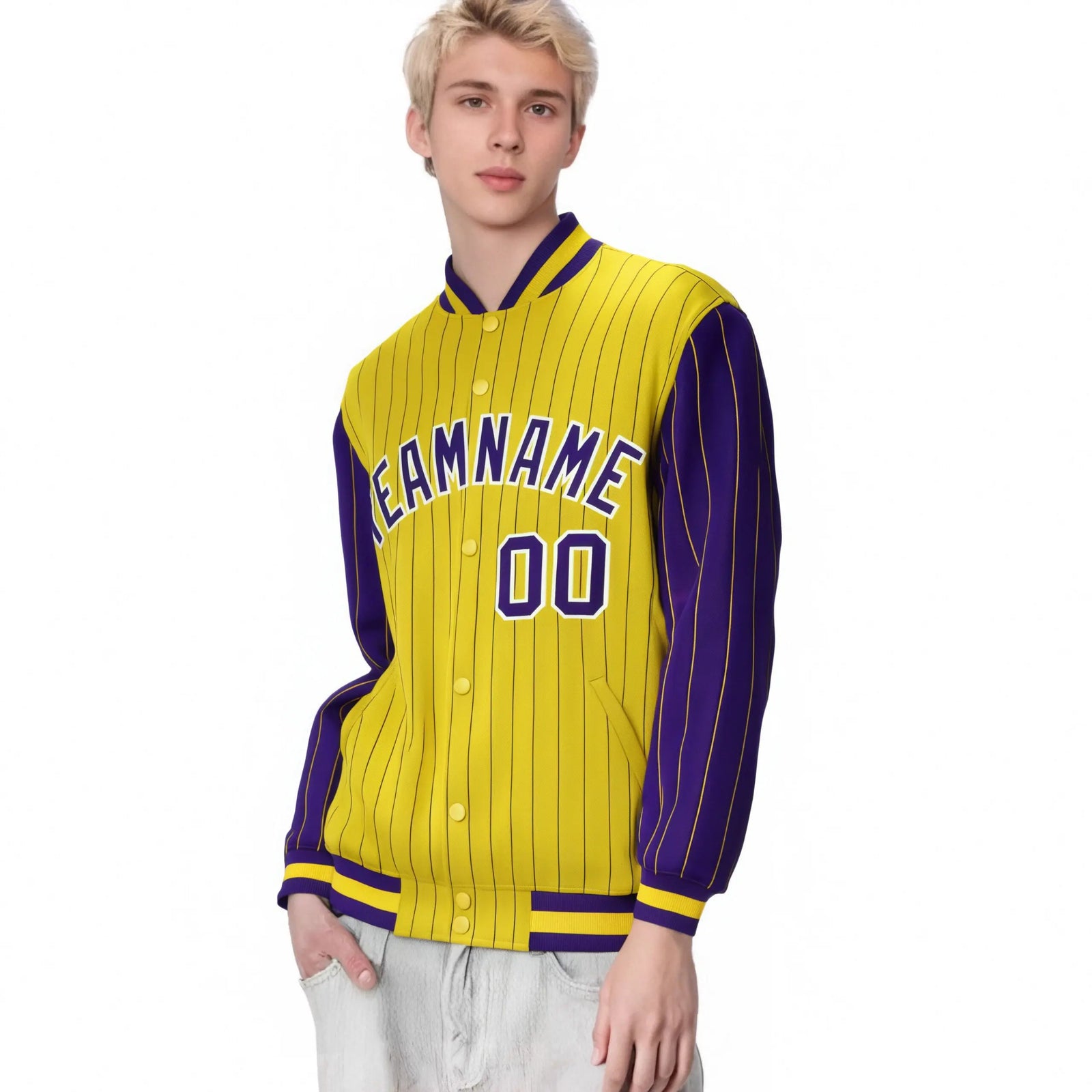 Custom Gold Purple Pinstripe White-Purple Bomber Full-Snap Varsity Letterman Jacket