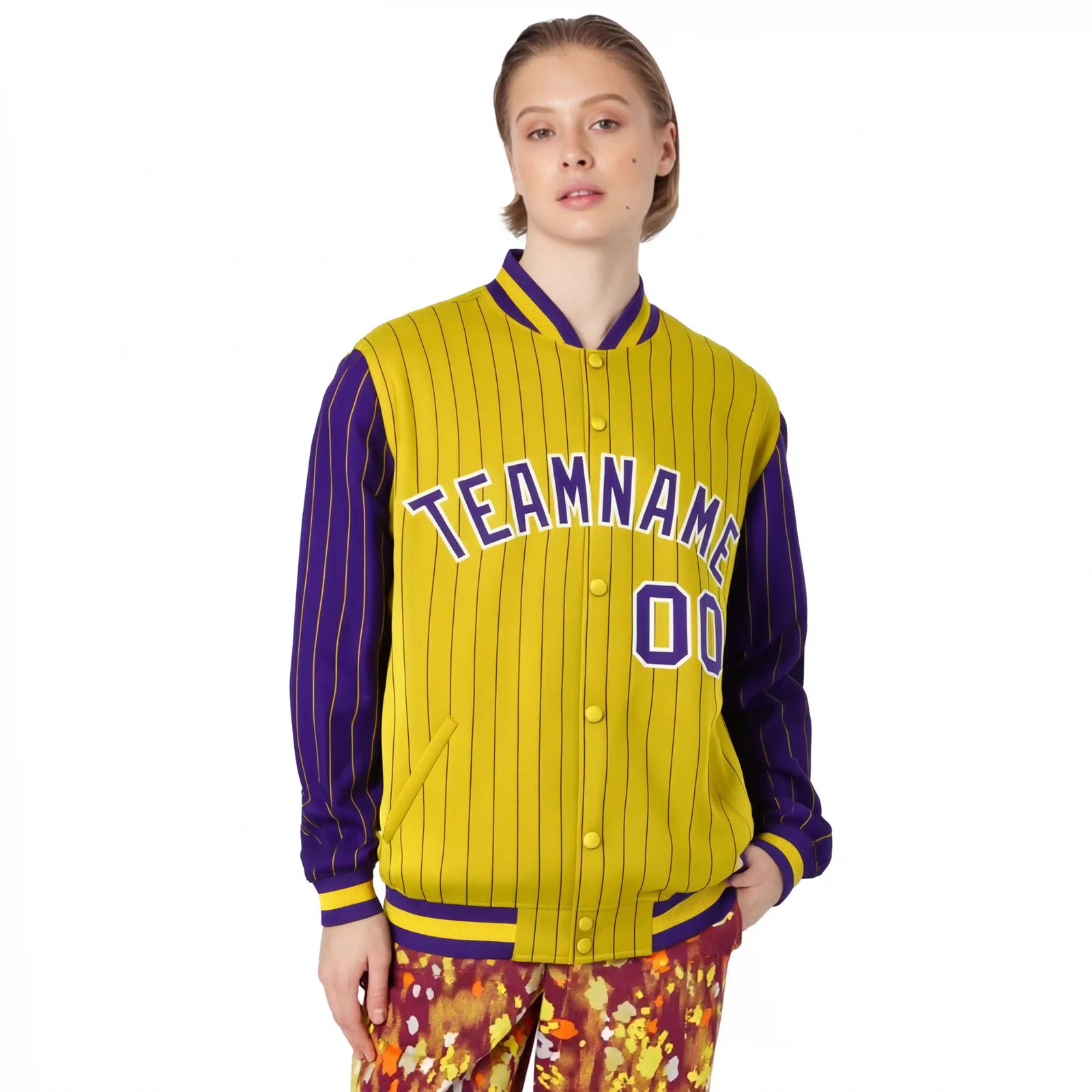 Custom Gold Purple Pinstripe White-Purple Bomber Full-Snap Varsity Letterman Jacket