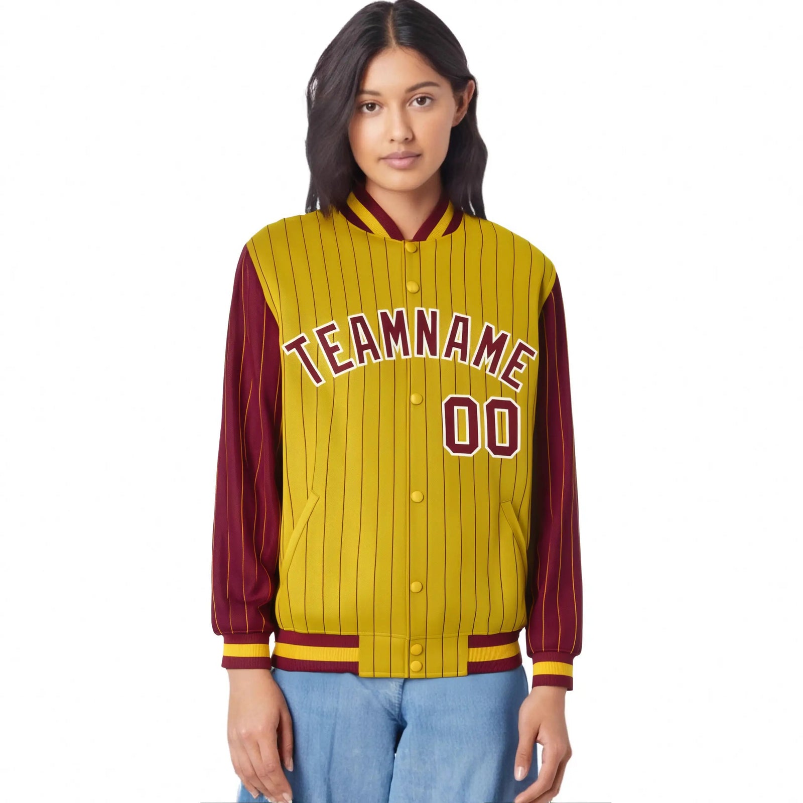 Custom Gold Crimson Pinstripe White-Crimson Bomber Full-Snap Varsity Letterman Jacket