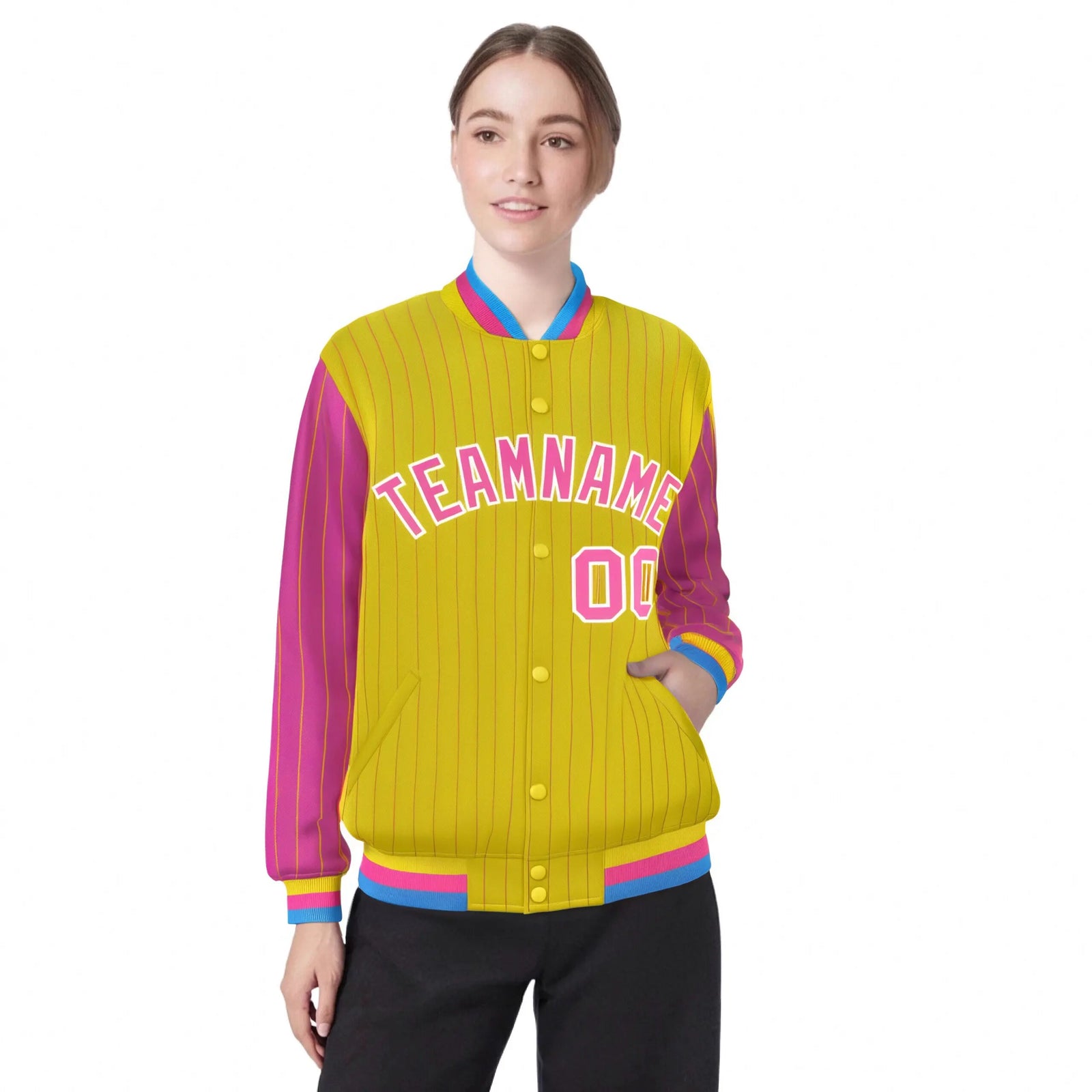 Custom Gold Pink Pinstripe White-Pink Bomber Full-Snap Varsity Letterman Jacket