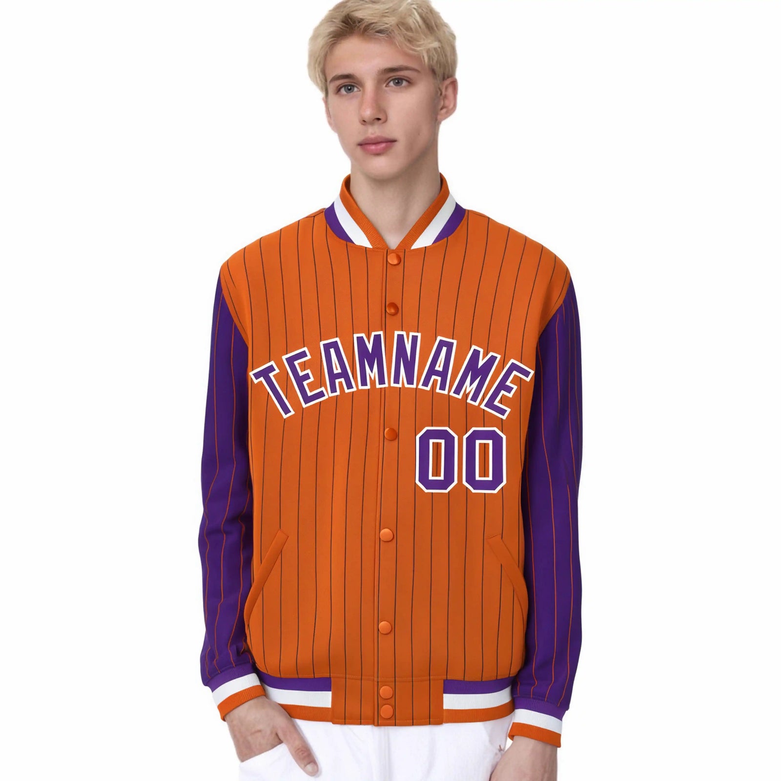 Custom Orange Purple Pinstripe White-Purple Bomber Full-Snap Varsity Letterman Jacket